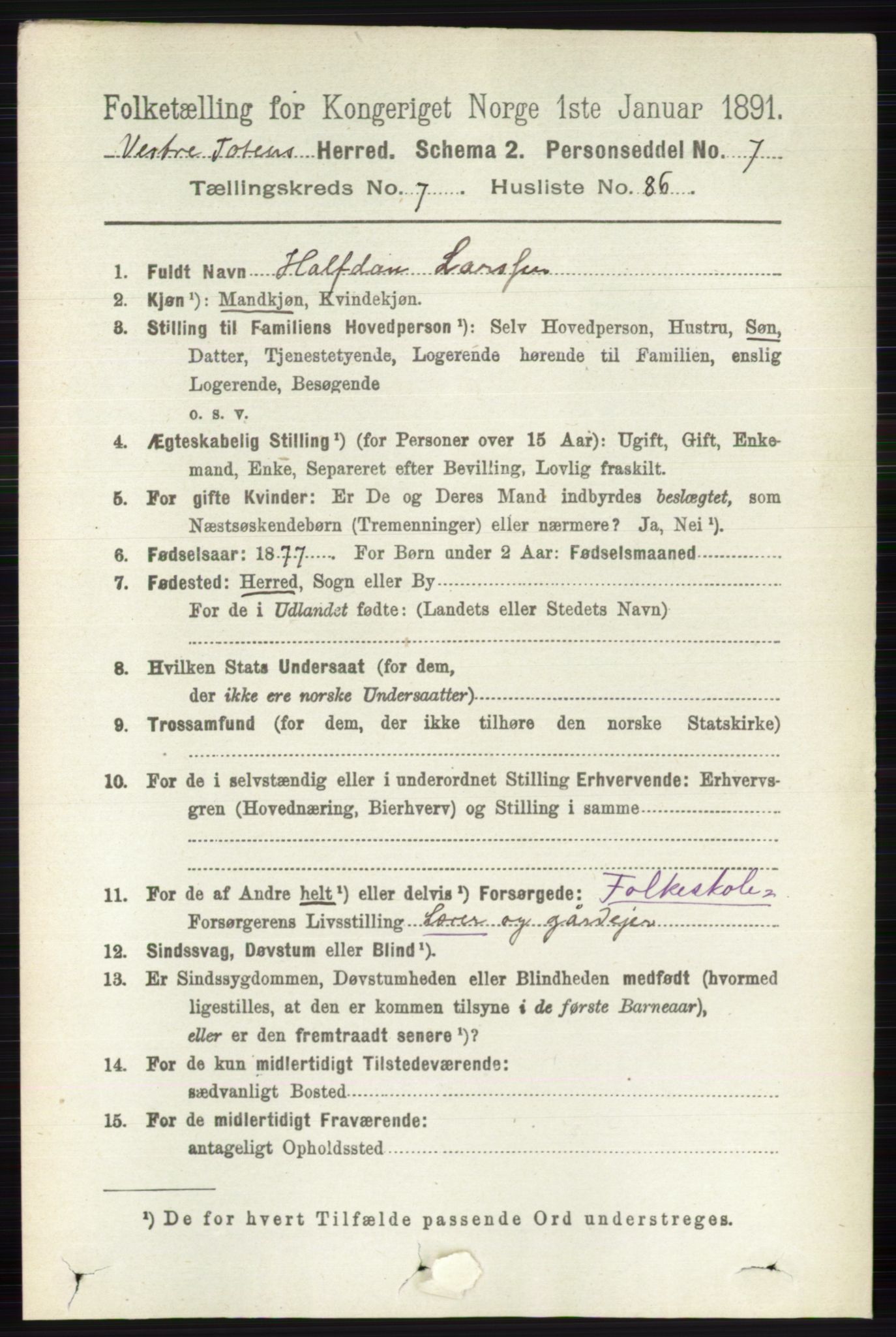 RA, 1891 census for 0529 Vestre Toten, 1891, p. 4862