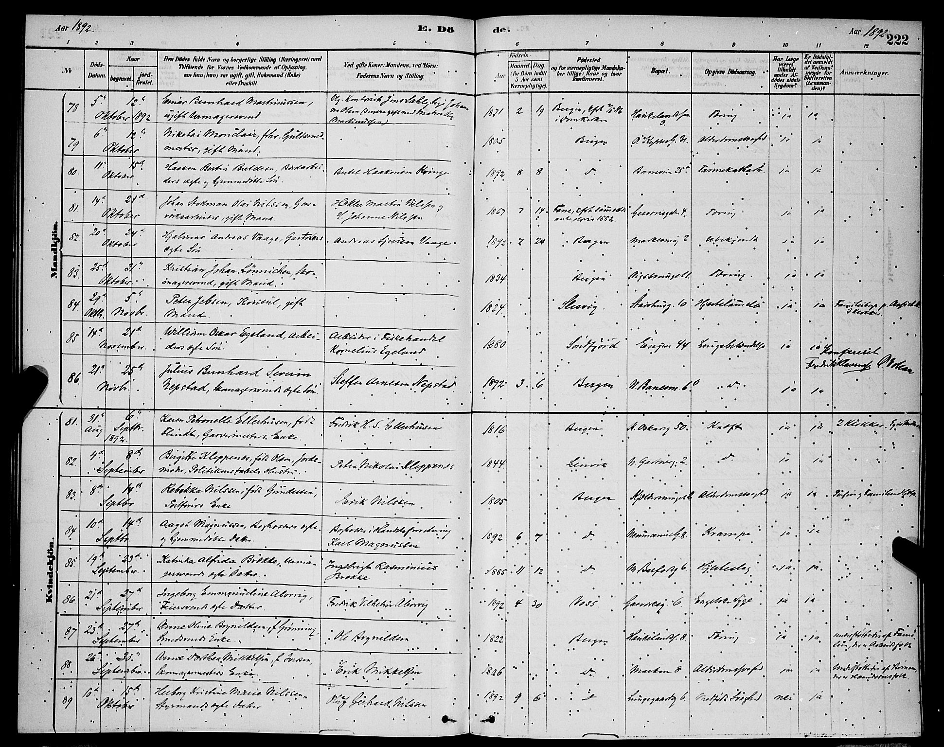 Domkirken sokneprestembete, AV/SAB-A-74801/H/Hab/L0041: Parish register (copy) no. E 5, 1878-1900, p. 222