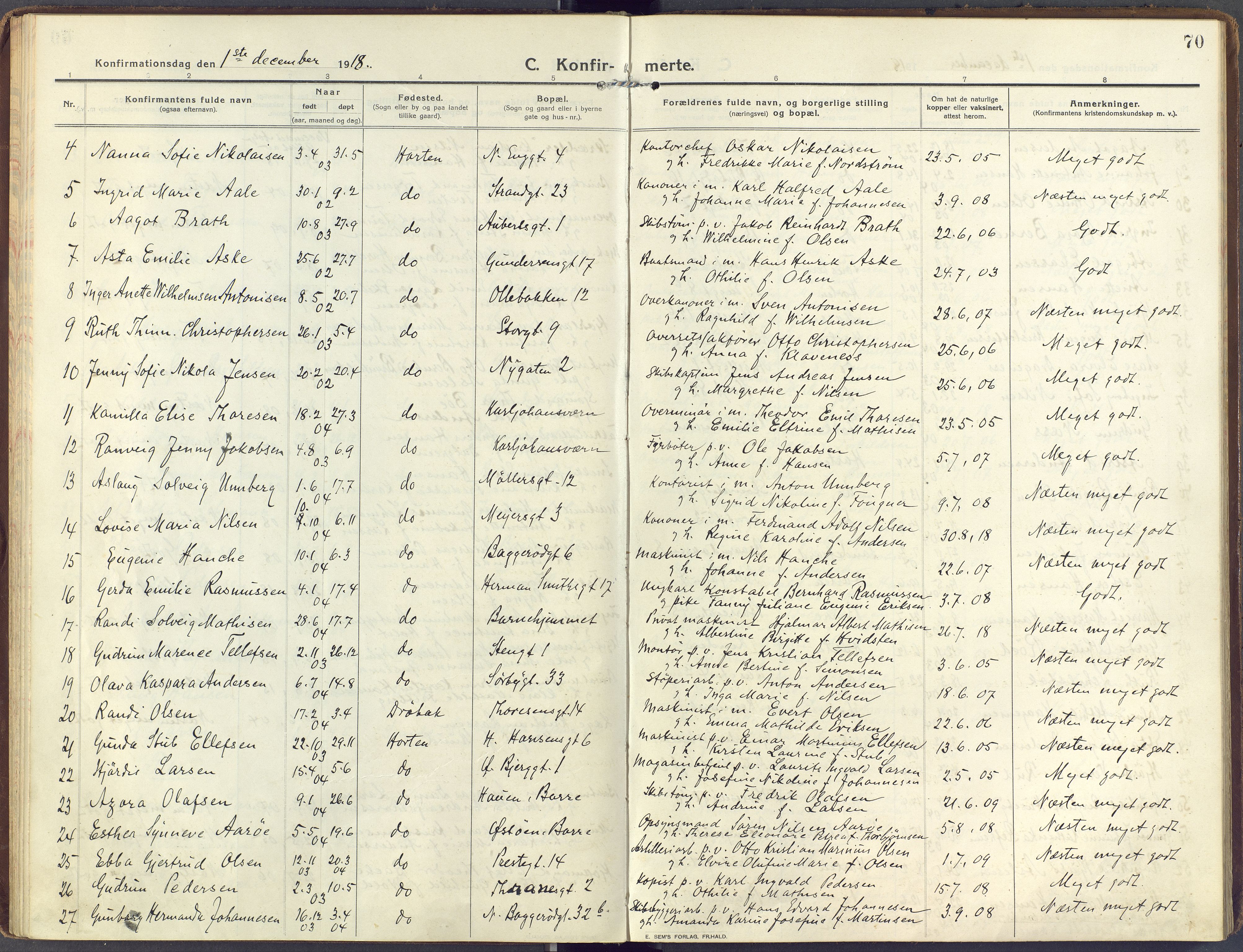 Horten kirkebøker, AV/SAKO-A-348/F/Fa/L0010: Parish register (official) no. 10, 1913-1925, p. 70