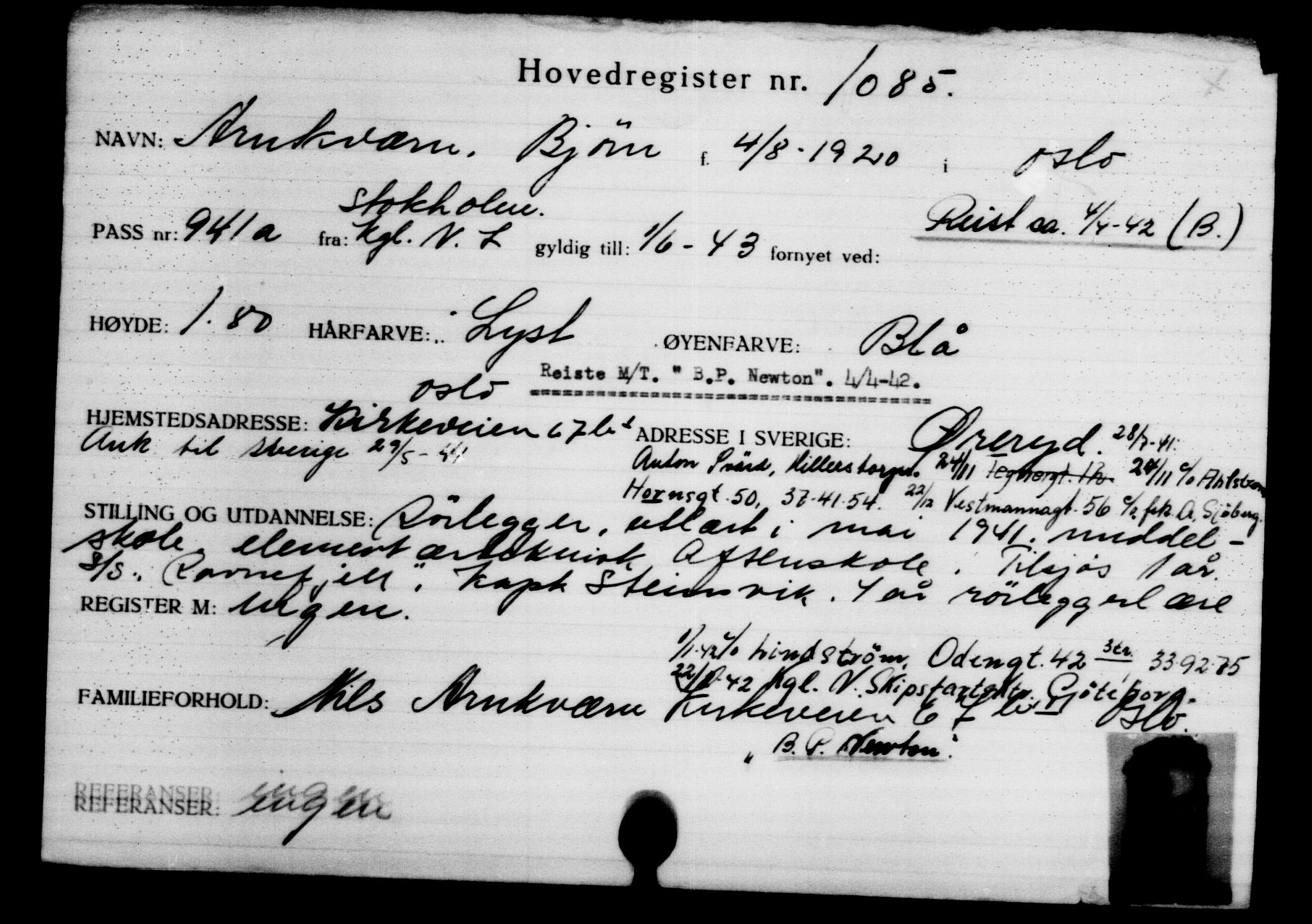 Utenriksstasjonene, Legasjonen i Stockholm, Flyktningkontoret, AV/RA-S-6753/V/Va/L0002: Kjesäterkartoteket, flyktninger med registreringsnr. 1001-2000, 1940-1945, p. 144