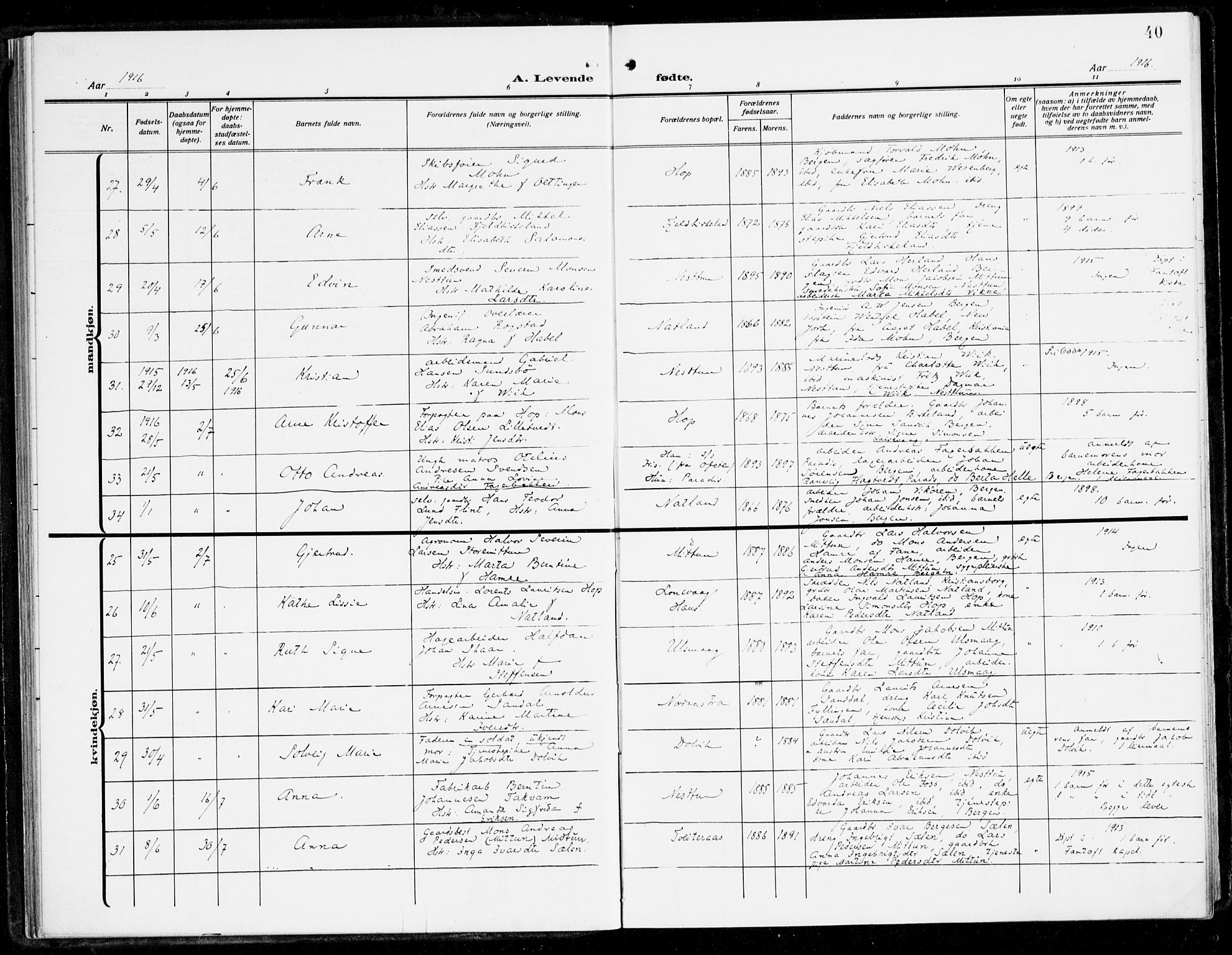 Fana Sokneprestembete, AV/SAB-A-75101/H/Haa/Haai/L0004: Parish register (official) no. I 4, 1912-1933, p. 40