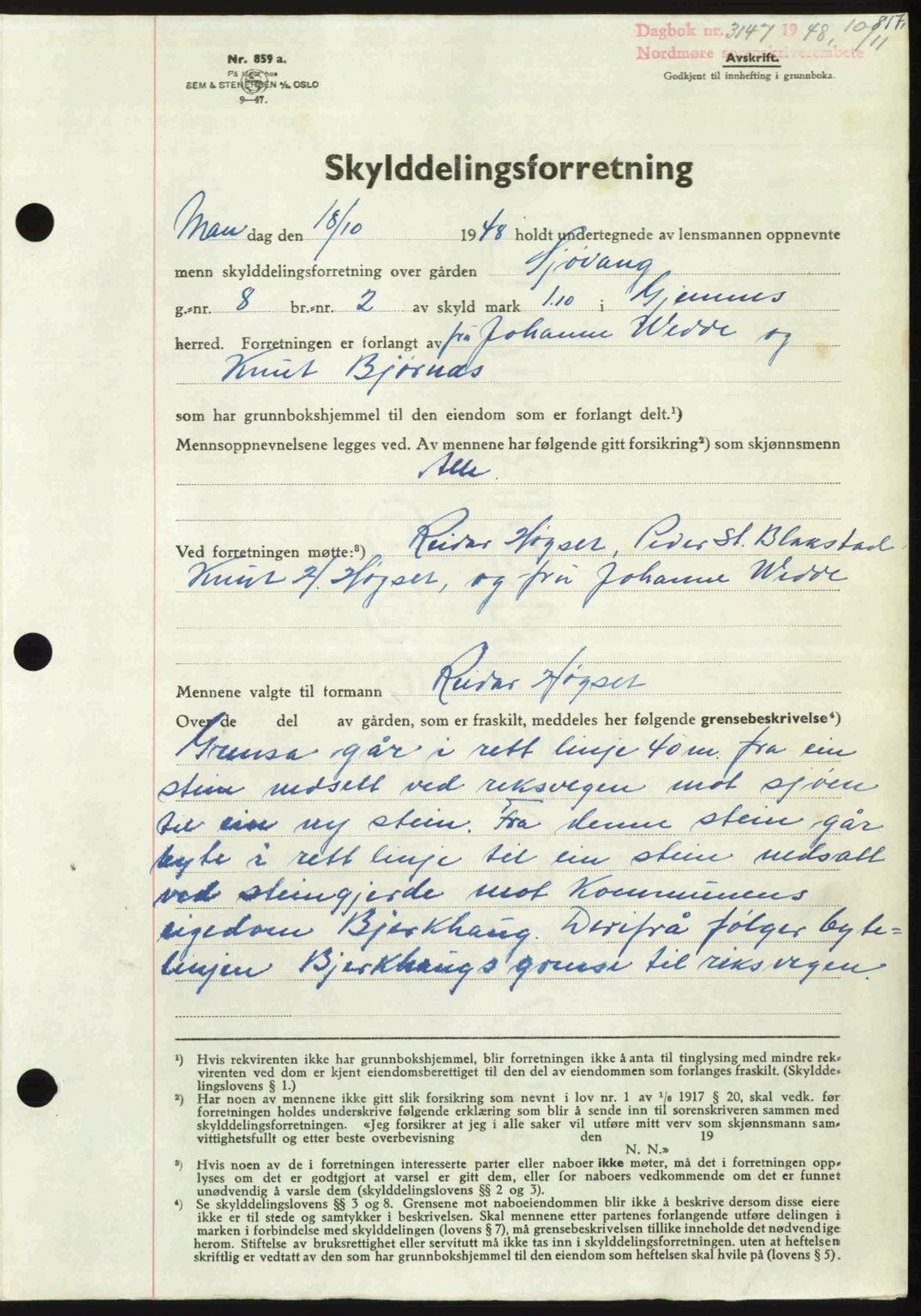 Nordmøre sorenskriveri, AV/SAT-A-4132/1/2/2Ca: Mortgage book no. A109, 1948-1948, Diary no: : 3147/1948