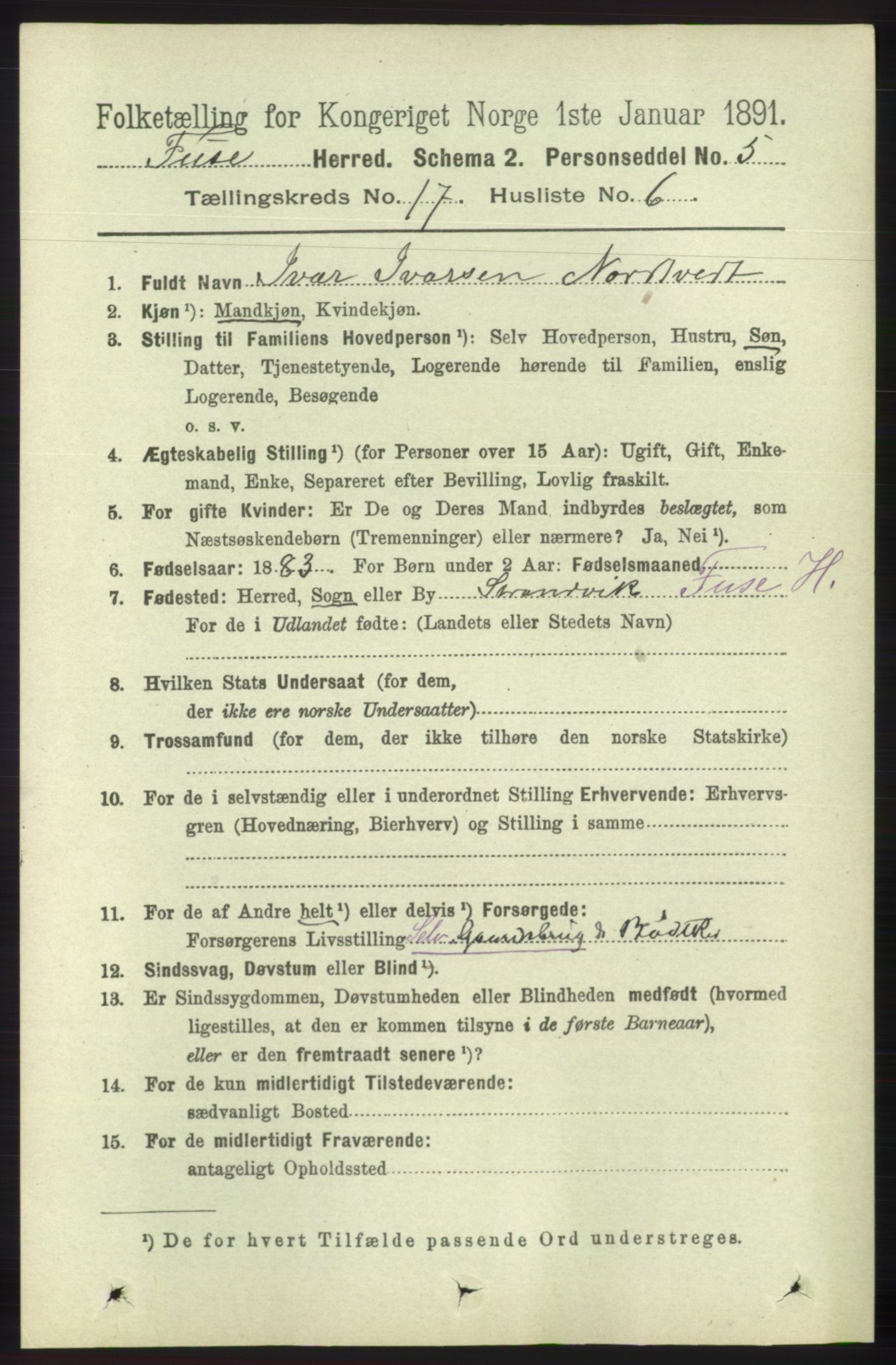 RA, 1891 census for 1241 Fusa, 1891, p. 3842