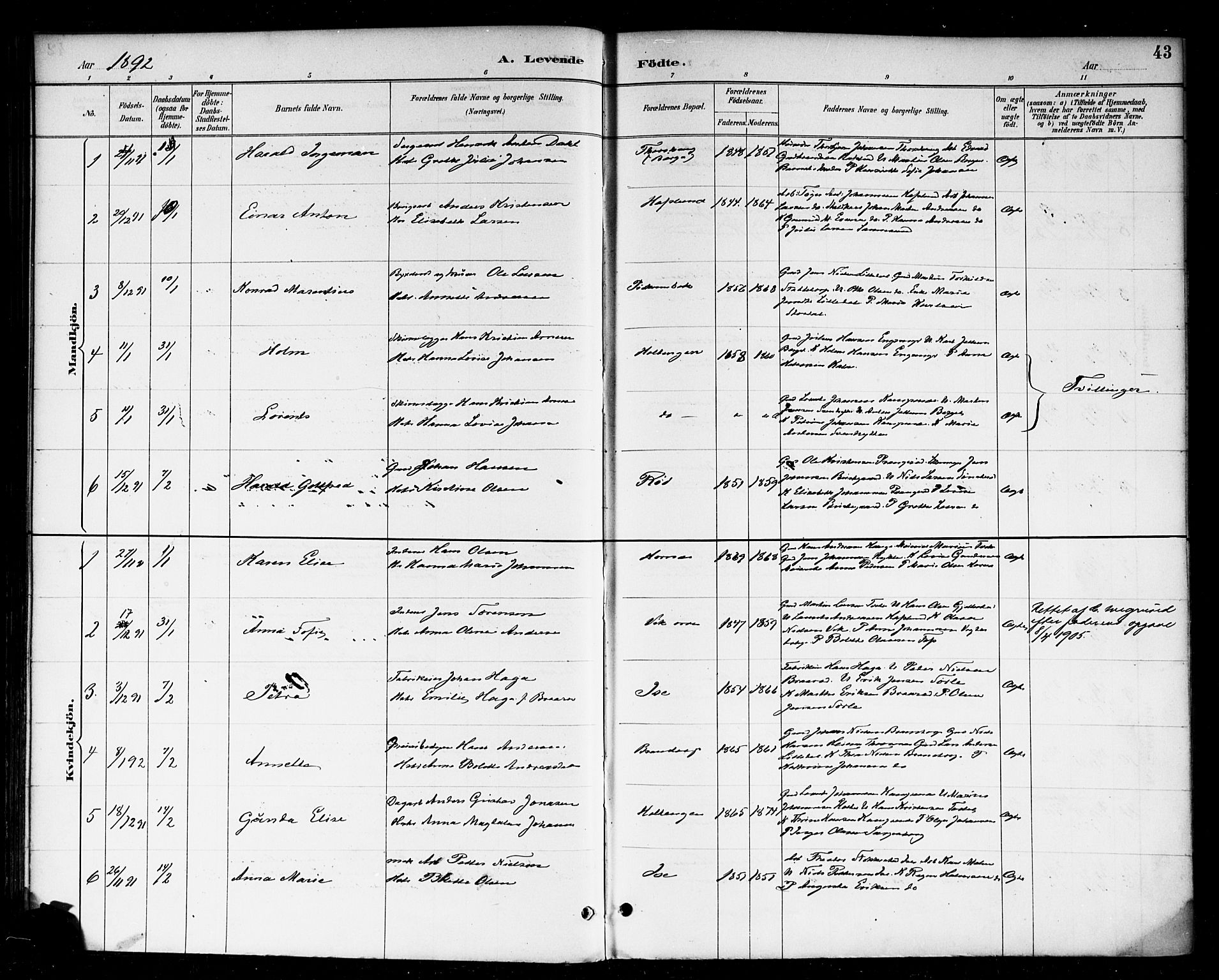 Skjeberg prestekontor Kirkebøker, AV/SAO-A-10923/F/Fa/L0009: Parish register (official) no. I 9, 1886-1897, p. 43