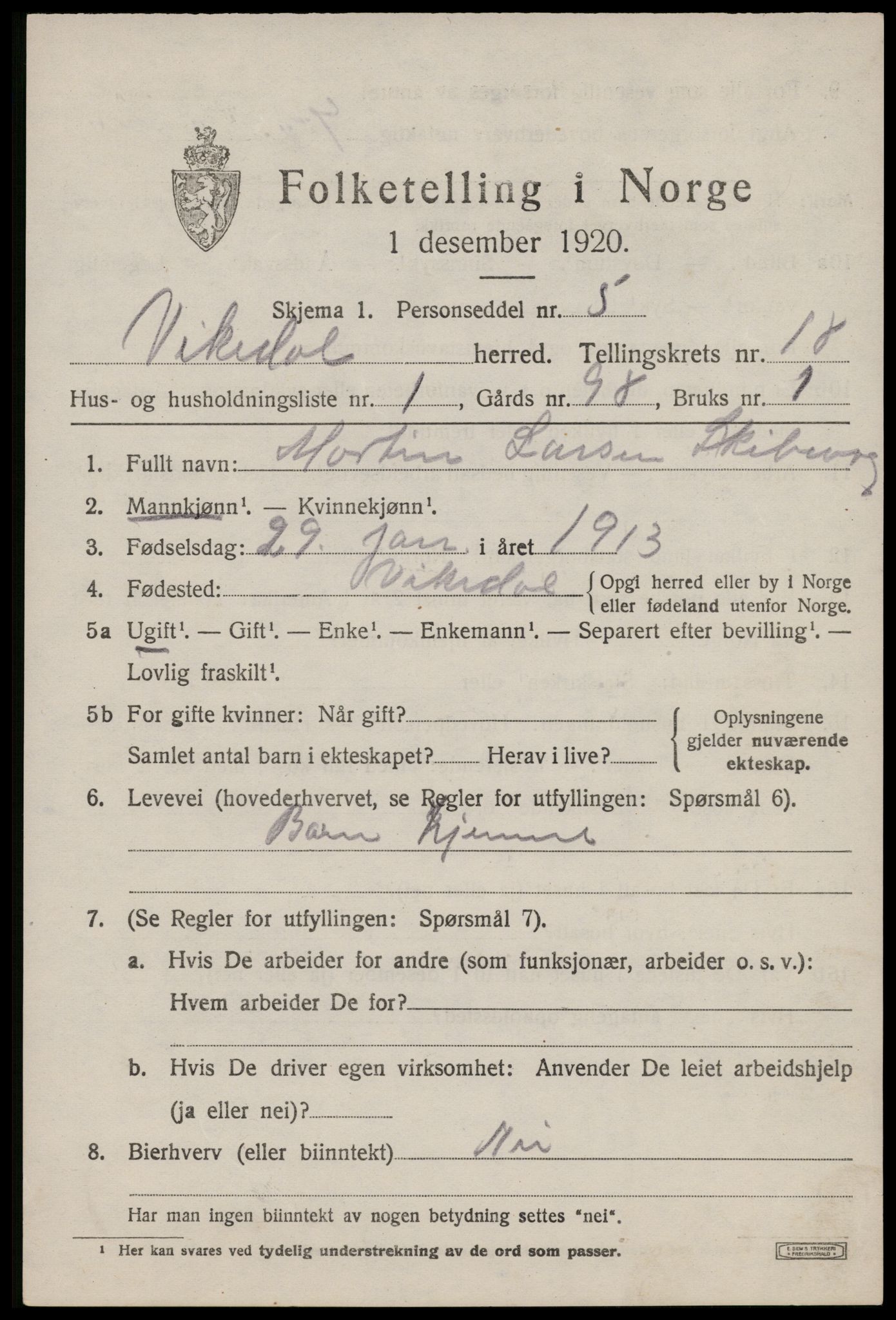 SAST, 1920 census for Vikedal, 1920, p. 5167