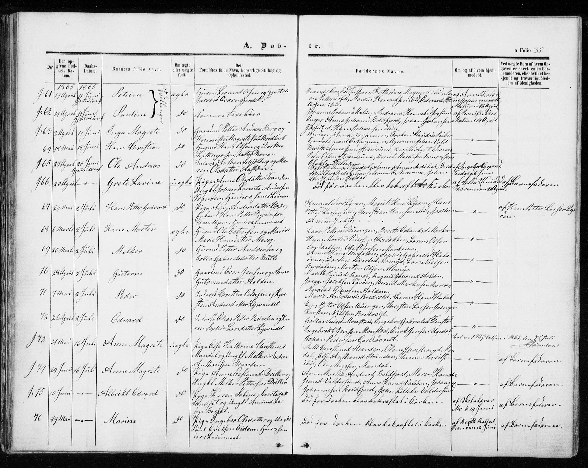 Ministerialprotokoller, klokkerbøker og fødselsregistre - Sør-Trøndelag, SAT/A-1456/655/L0678: Parish register (official) no. 655A07, 1861-1873, p. 35