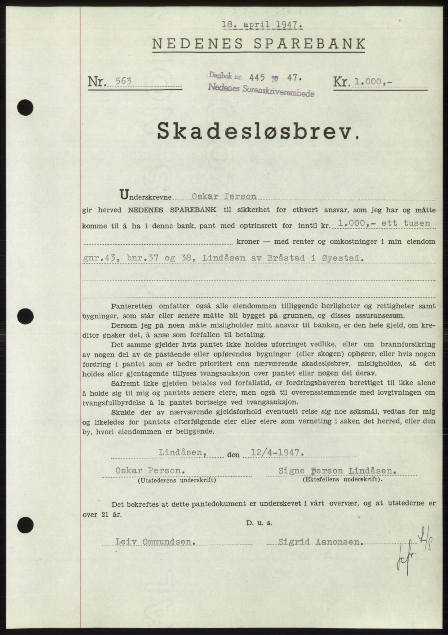 Nedenes sorenskriveri, AV/SAK-1221-0006/G/Gb/Gbb/L0004: Mortgage book no. B4, 1947-1947, Diary no: : 445/1947