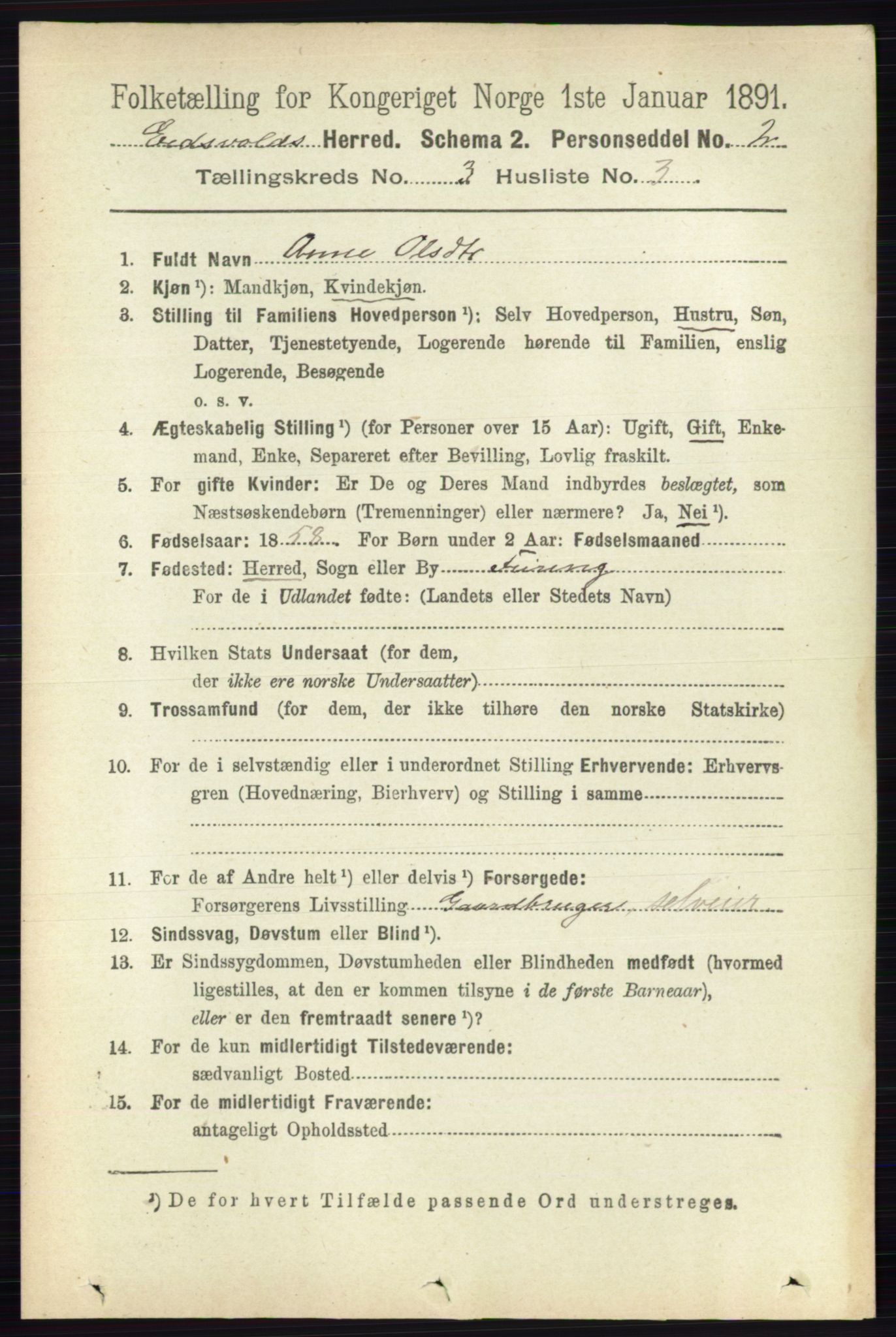 RA, 1891 census for 0237 Eidsvoll, 1891, p. 1606