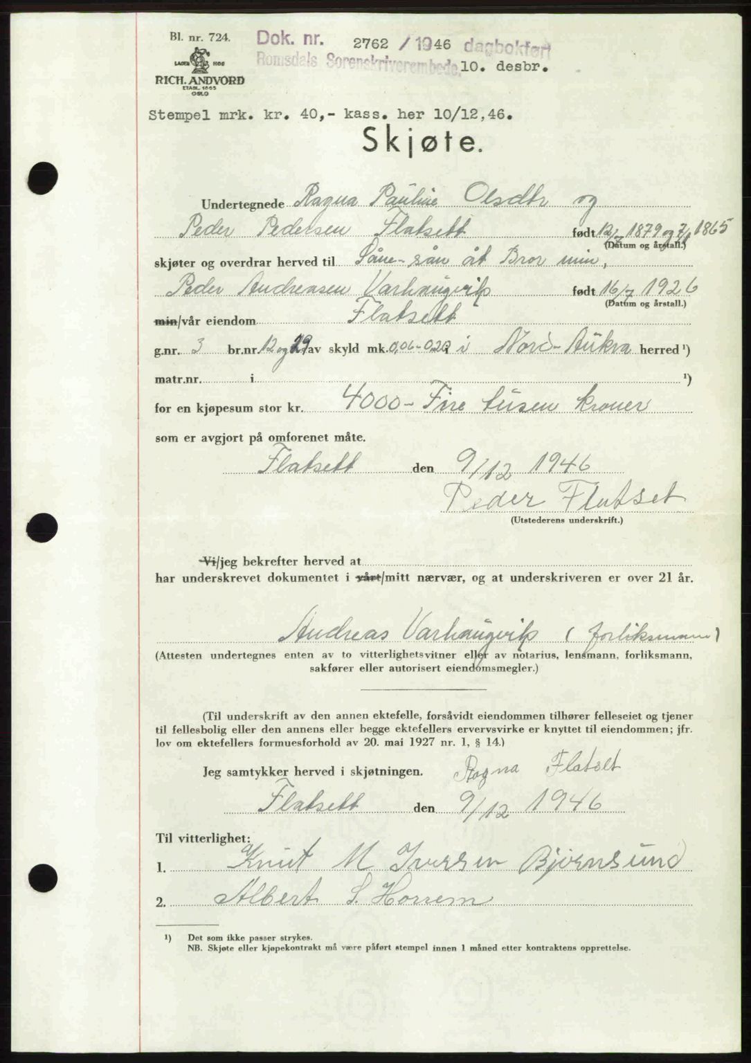 Romsdal sorenskriveri, AV/SAT-A-4149/1/2/2C: Mortgage book no. A21, 1946-1946, Diary no: : 2762/1946