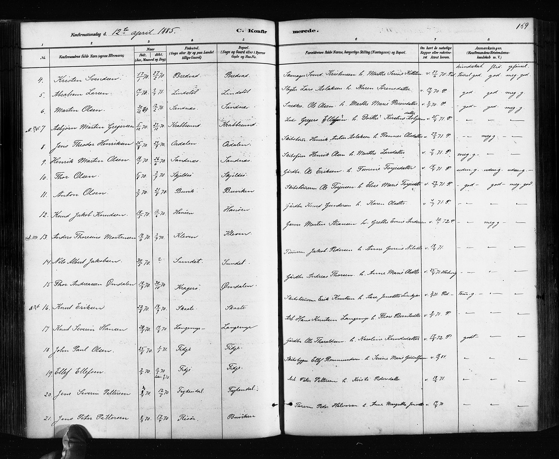 Søndeled sokneprestkontor, AV/SAK-1111-0038/F/Fa/L0004: Parish register (official) no. A 4, 1880-1889, p. 169