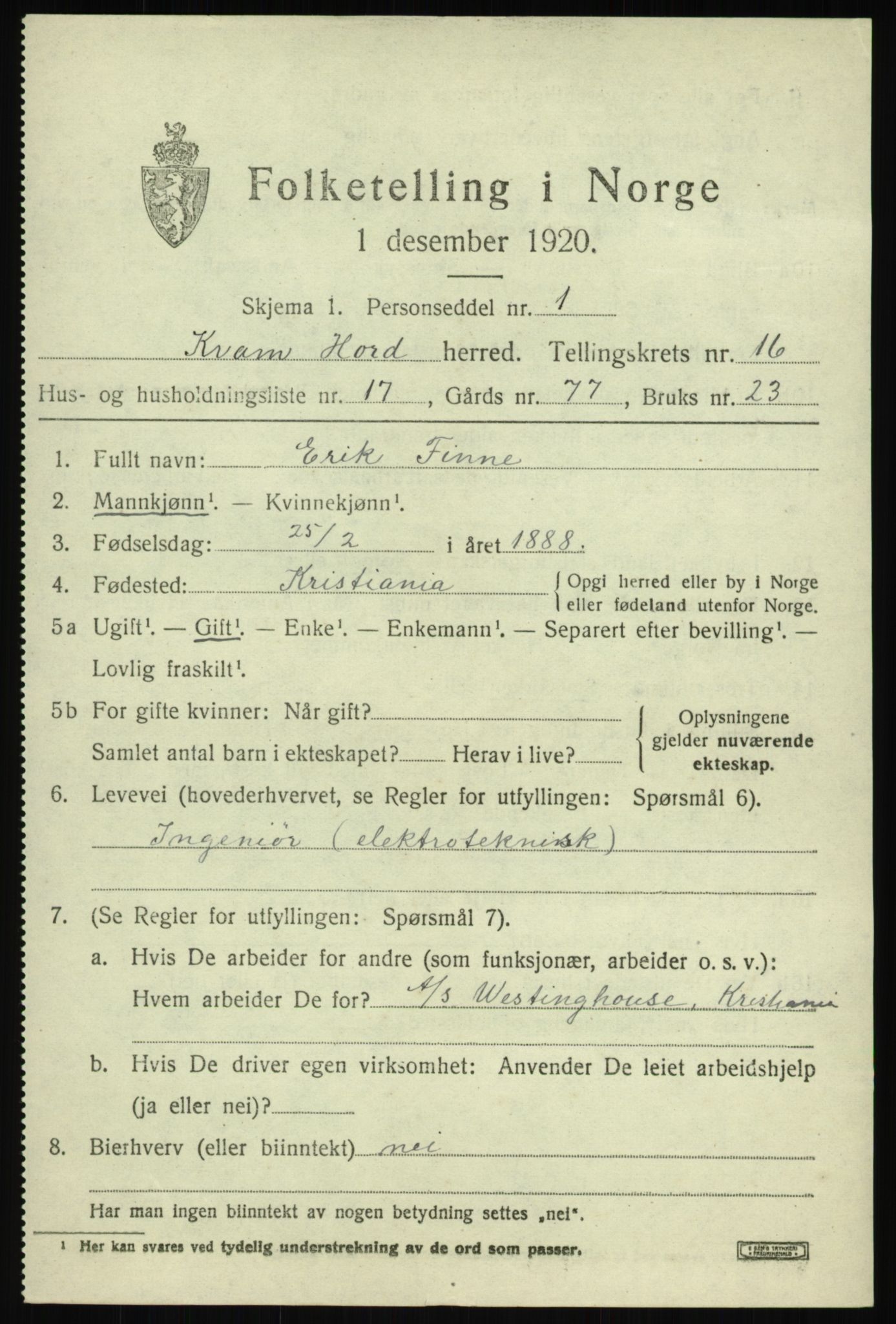 SAB, 1920 census for Kvam, 1920, p. 9193