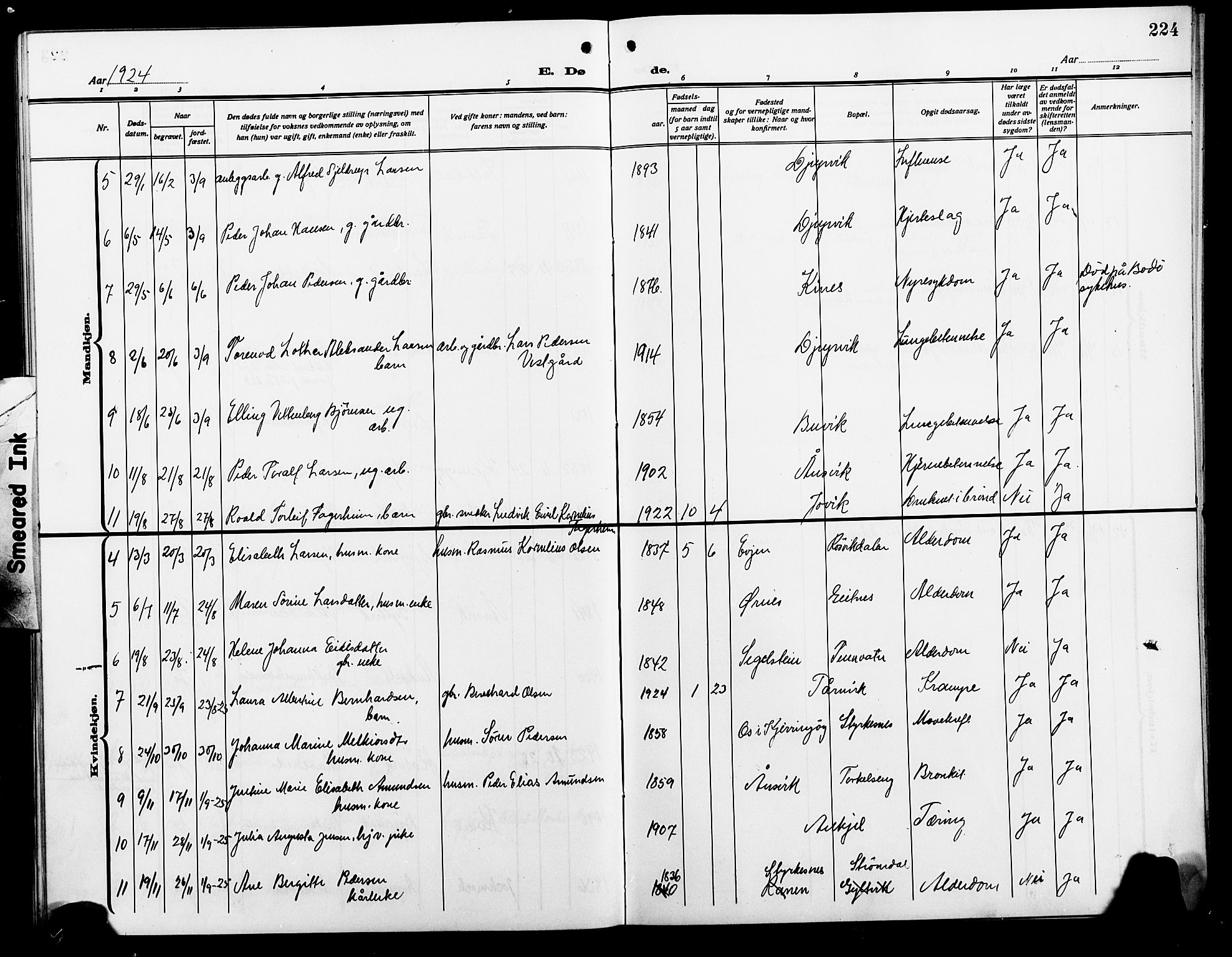 Ministerialprotokoller, klokkerbøker og fødselsregistre - Nordland, AV/SAT-A-1459/854/L0787: Parish register (copy) no. 854C03, 1913-1926, p. 224