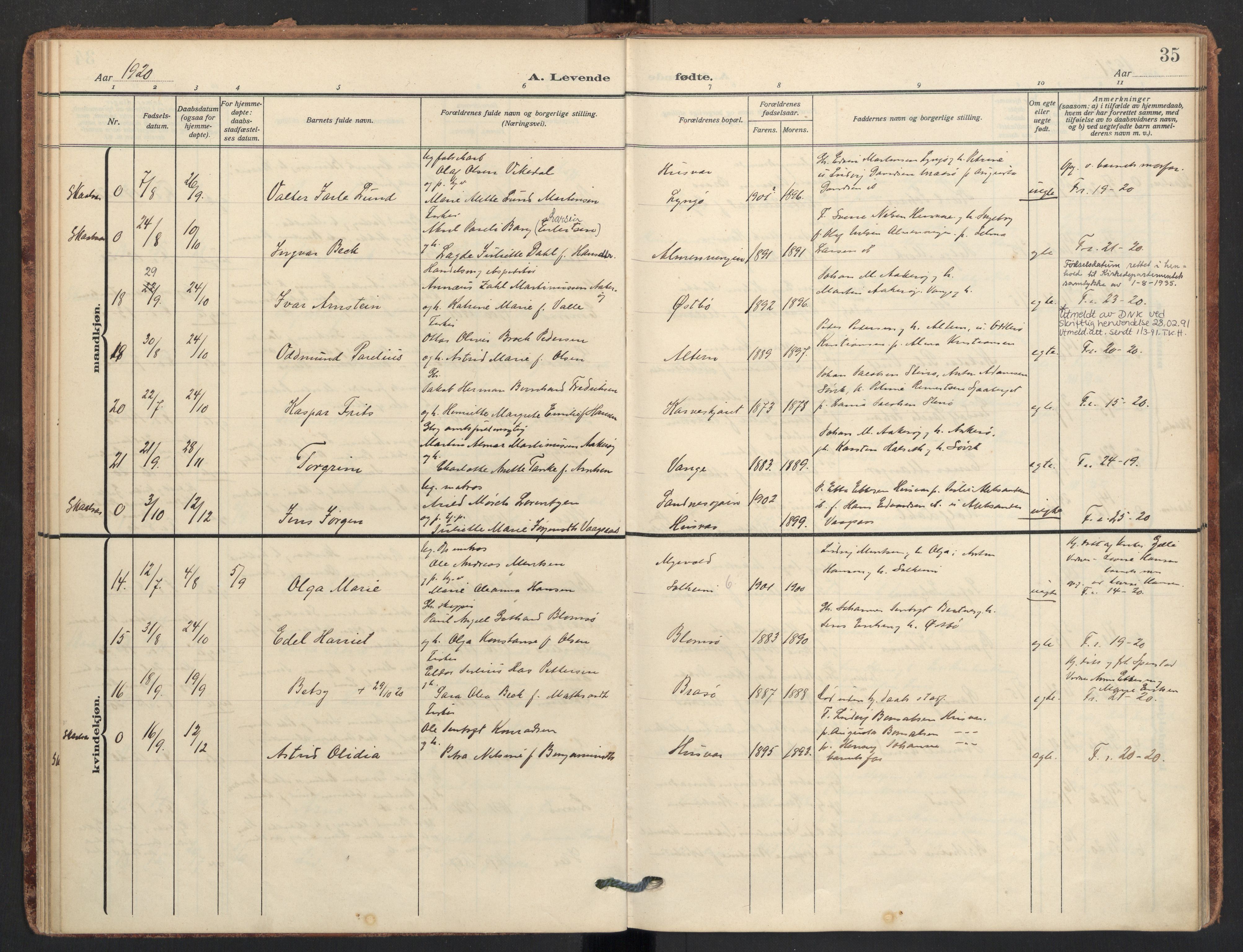 Ministerialprotokoller, klokkerbøker og fødselsregistre - Nordland, AV/SAT-A-1459/830/L0455: Parish register (official) no. 830A19, 1912-1942, p. 35