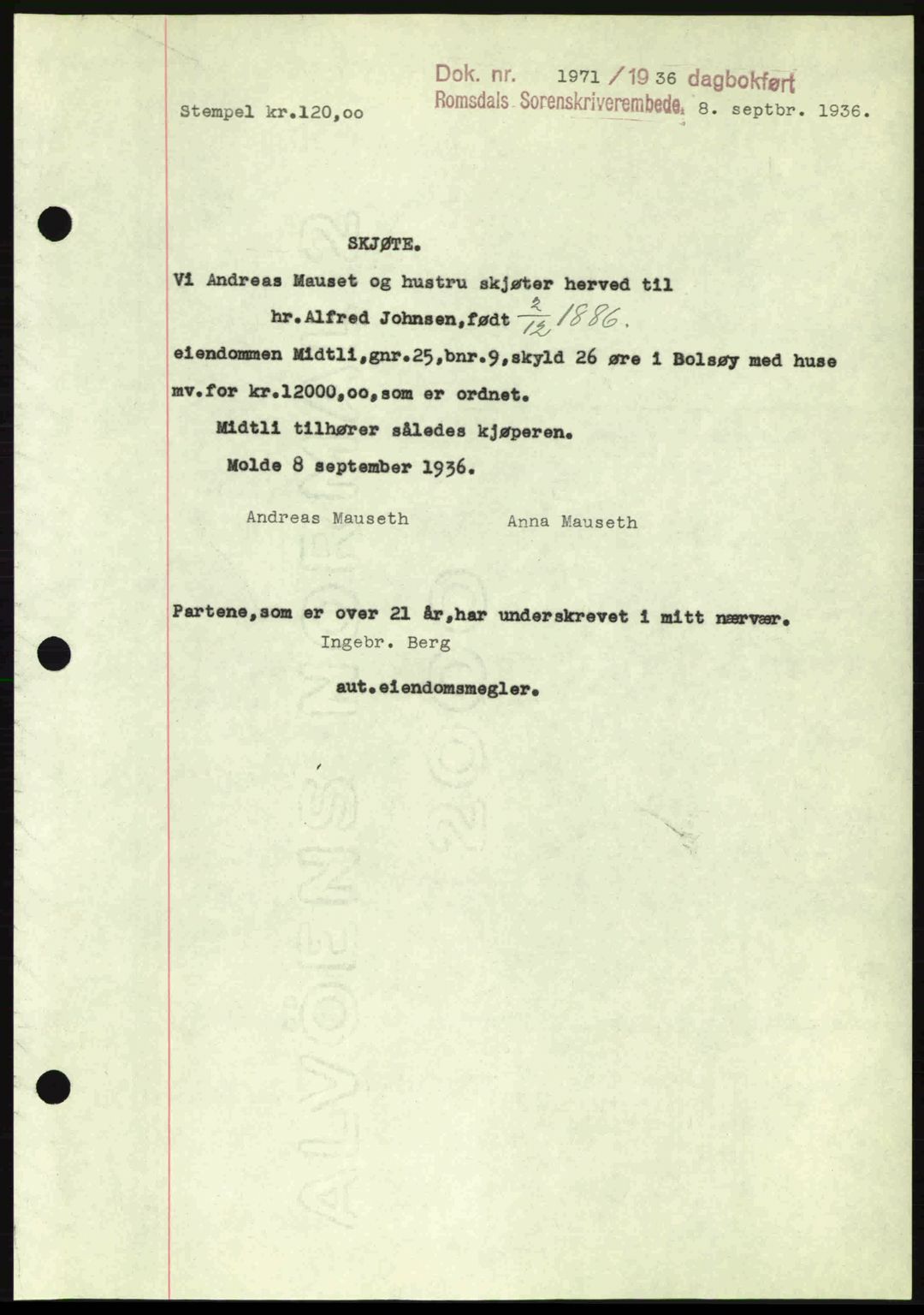 Romsdal sorenskriveri, SAT/A-4149/1/2/2C: Mortgage book no. A2, 1936-1937, Diary no: : 1971/1936