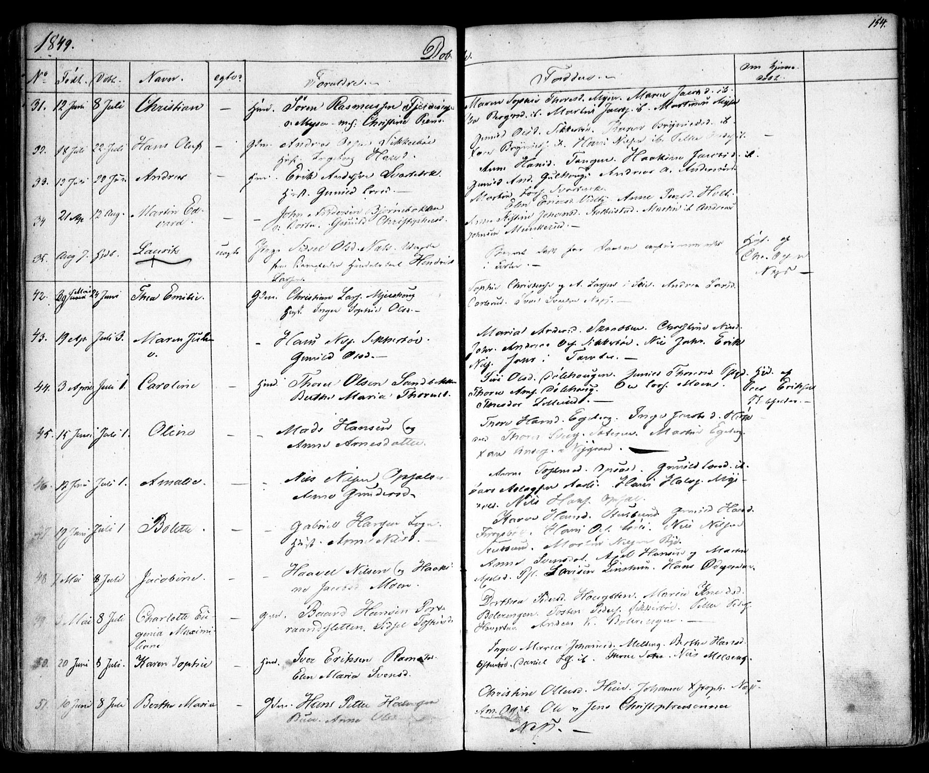 Enebakk prestekontor Kirkebøker, AV/SAO-A-10171c/F/Fa/L0009: Parish register (official) no. I 9, 1832-1861, p. 154