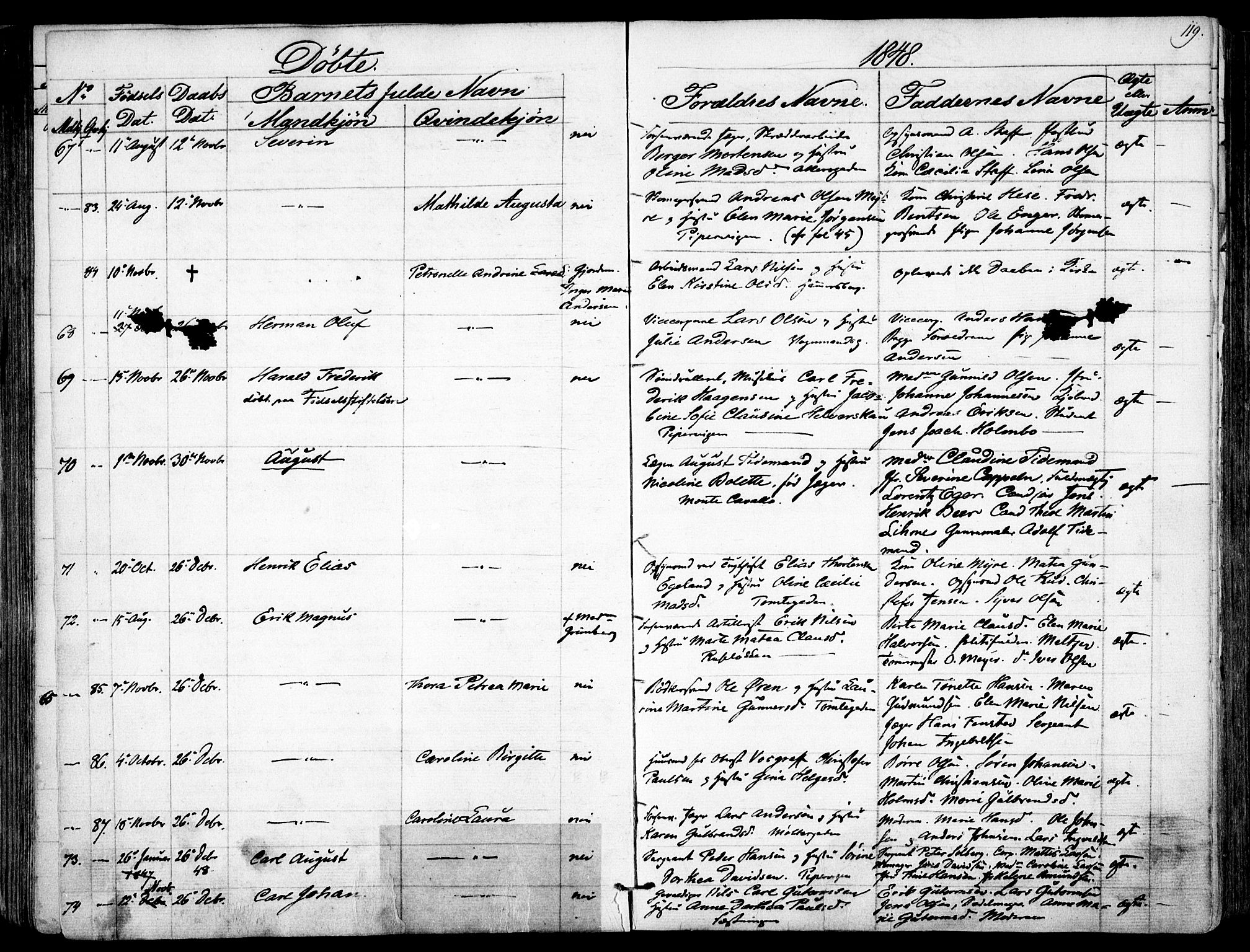 Garnisonsmenigheten Kirkebøker, AV/SAO-A-10846/F/Fa/L0008: Parish register (official) no. 8, 1842-1859, p. 119