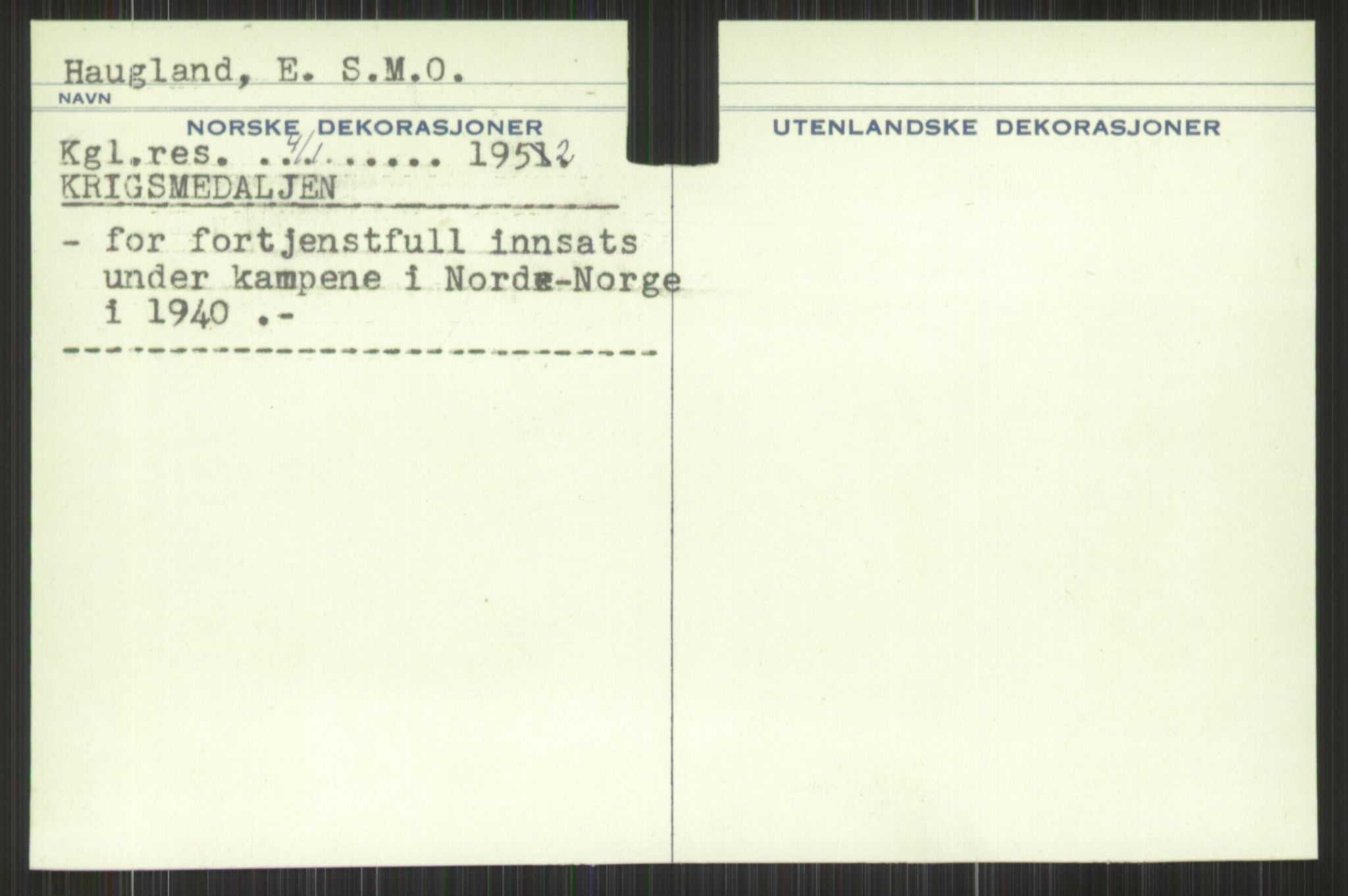 Forsvaret, Krigsdekorasjonskanselliet, AV/RA-RAFA-5156/G/Gd/L0001: Diverse registre, 1944-1956, p. 601