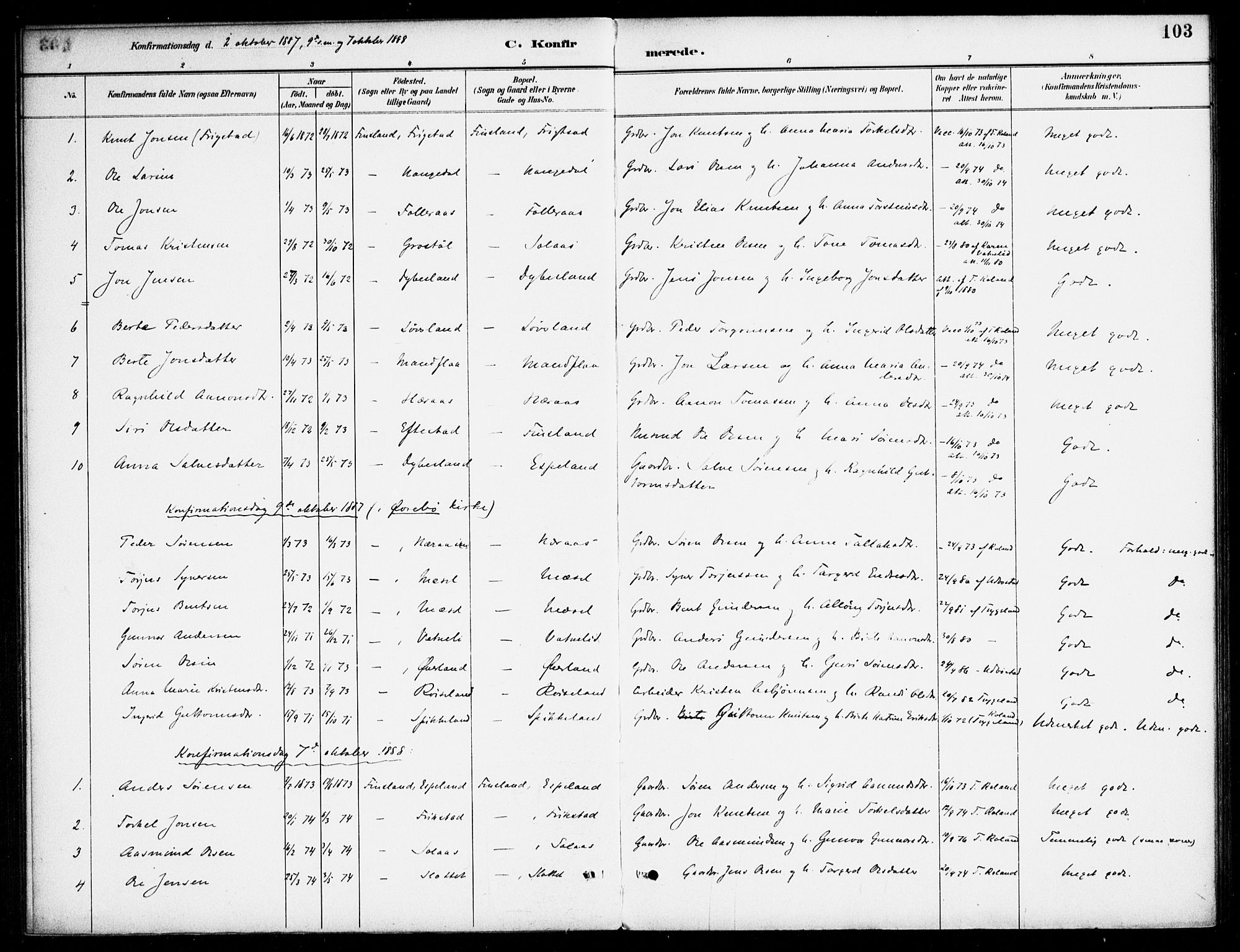 Bjelland sokneprestkontor, SAK/1111-0005/F/Fa/Fab/L0004: Parish register (official) no. A 4, 1887-1920, p. 103