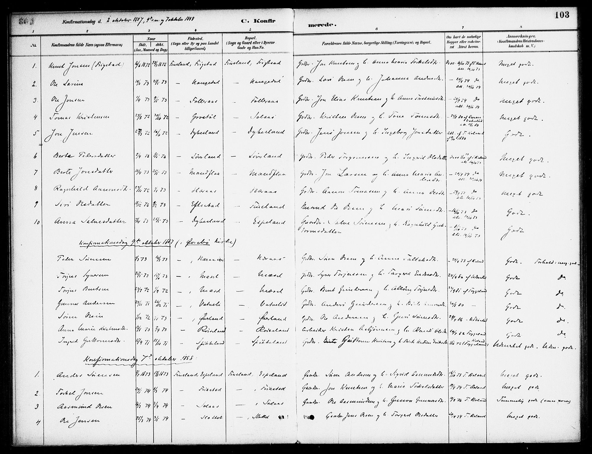 Bjelland sokneprestkontor, AV/SAK-1111-0005/F/Fa/Fab/L0004: Parish register (official) no. A 4, 1887-1920, p. 103