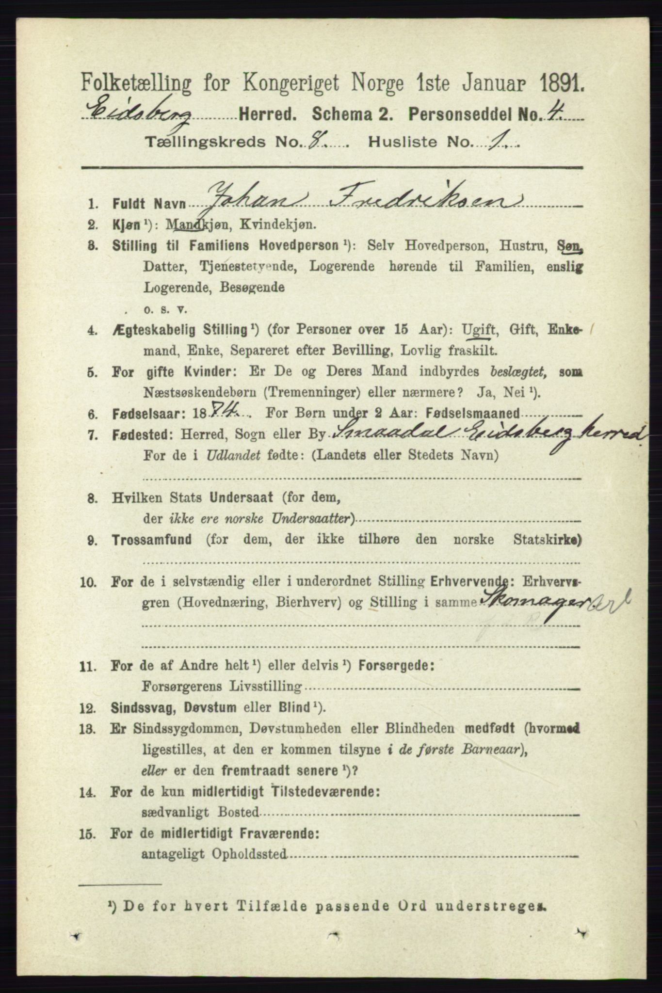 RA, 1891 census for 0125 Eidsberg, 1891, p. 4640