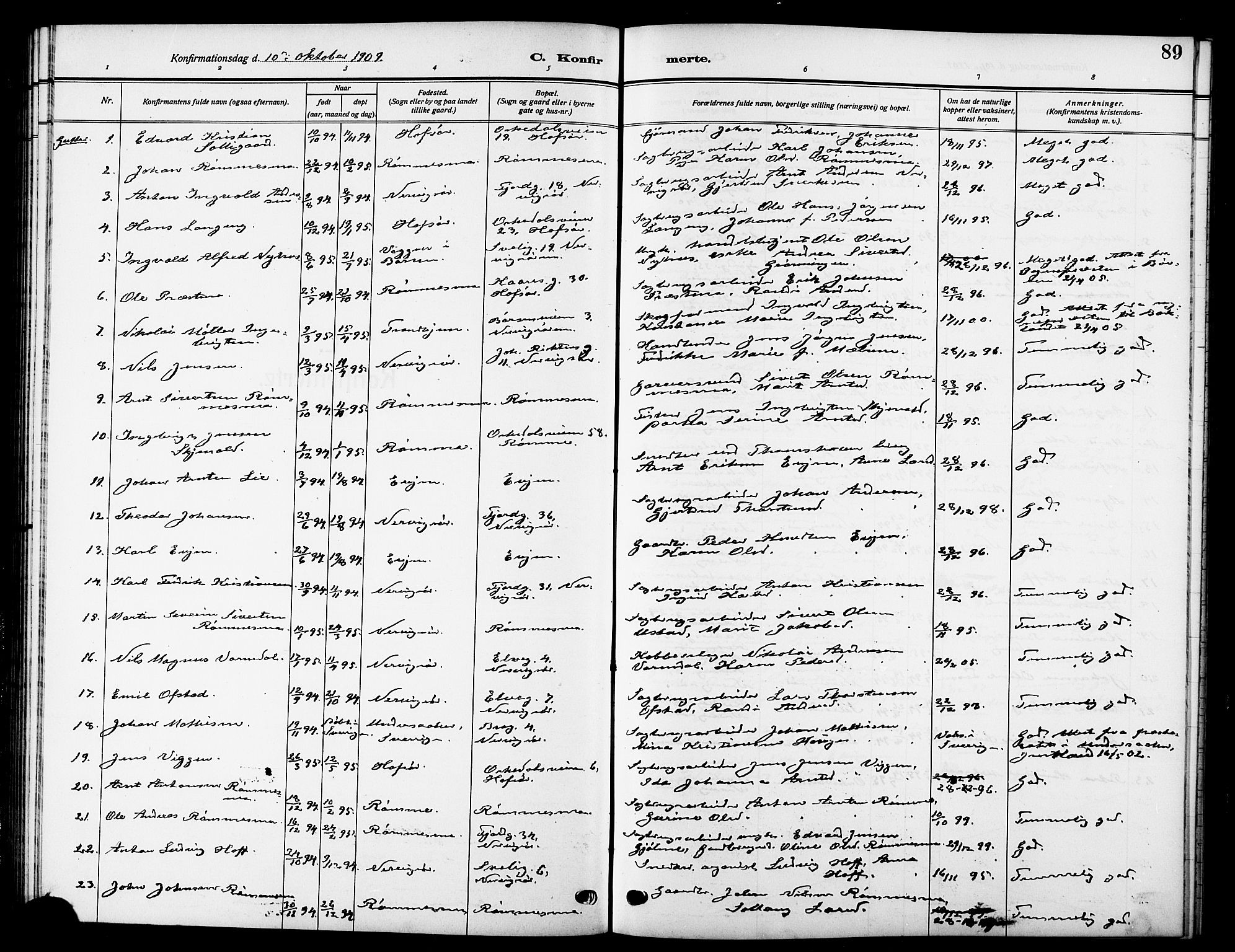 Ministerialprotokoller, klokkerbøker og fødselsregistre - Sør-Trøndelag, SAT/A-1456/669/L0831: Parish register (copy) no. 669C01, 1909-1924, p. 89