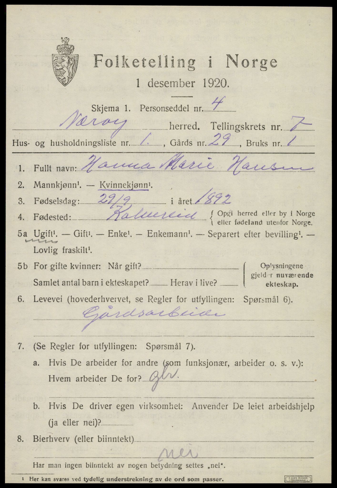 SAT, 1920 census for Nærøy, 1920, p. 3963