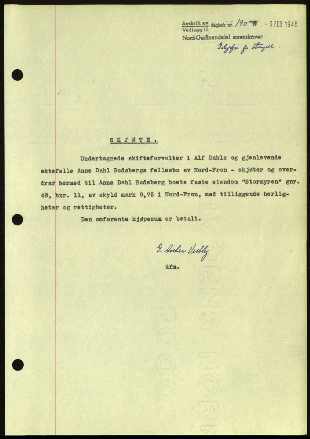 Nord-Gudbrandsdal tingrett, AV/SAH-TING-002/H/Hb/Hbb/L0019: Mortgage book no. FA19, 1948-1948, Diary no: : 190/1948