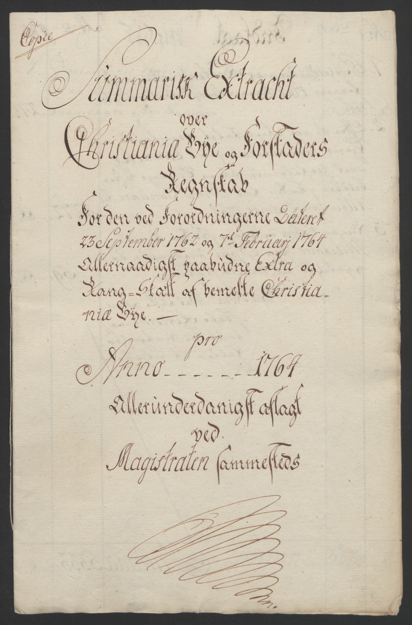 Rentekammeret inntil 1814, Reviderte regnskaper, Byregnskaper, AV/RA-EA-4066/R/Re/L0072/0001: [E13] Kontribusjonsregnskap / Ekstraskatt, 1763-1764, p. 218