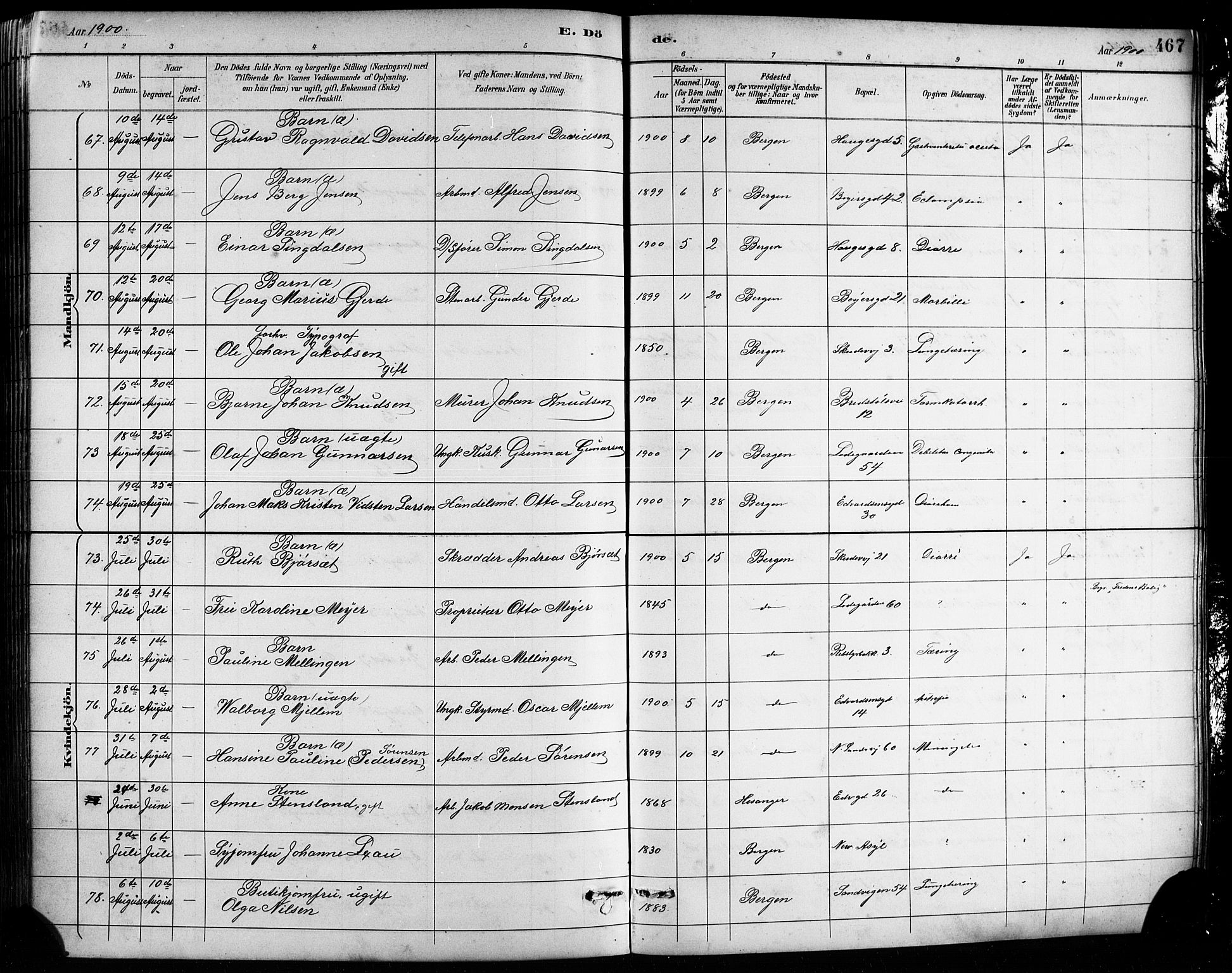 Sandviken Sokneprestembete, SAB/A-77601/H/Hb/L0002: Parish register (copy) no. A 3, 1888-1902, p. 467