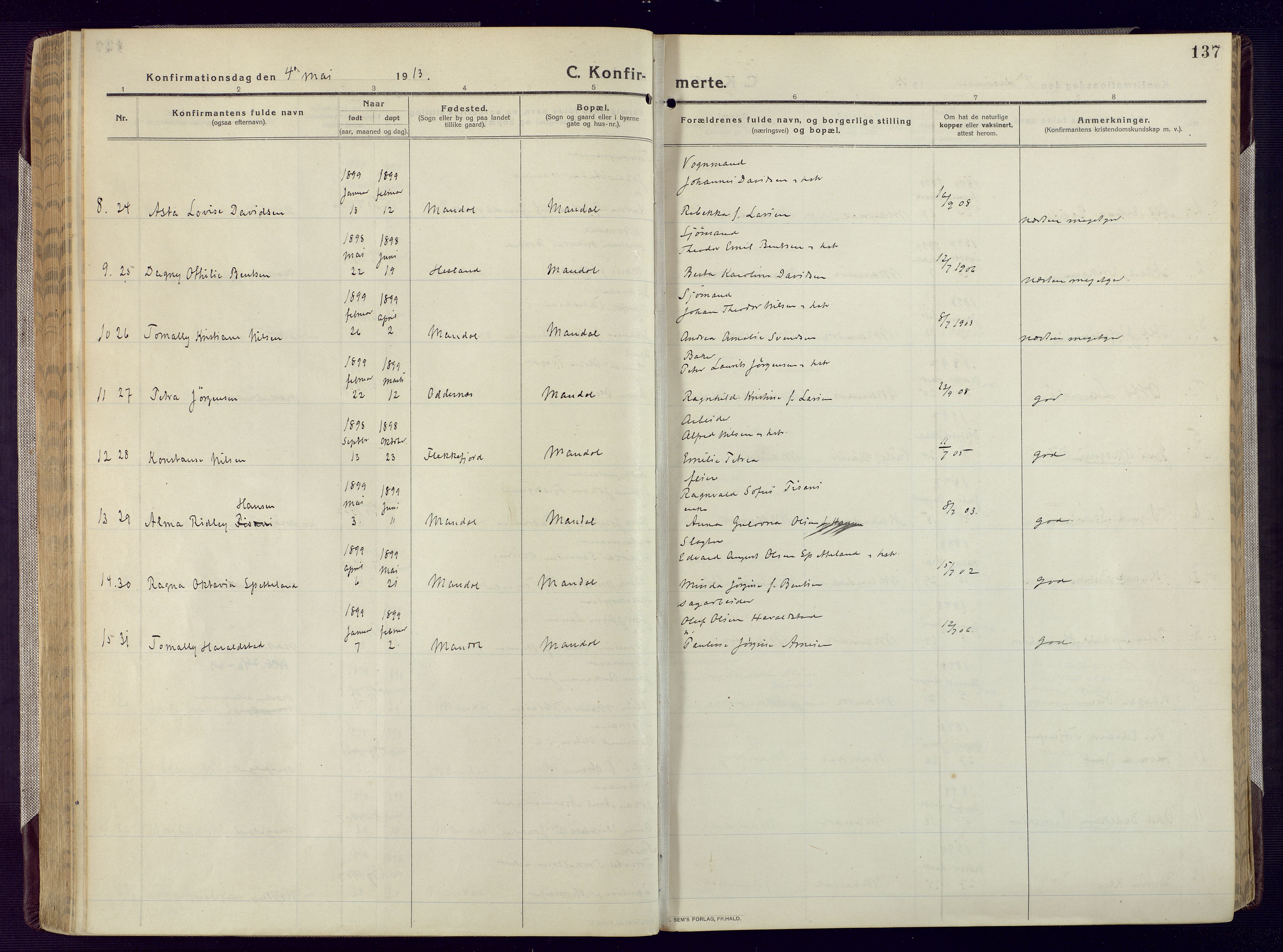 Mandal sokneprestkontor, AV/SAK-1111-0030/F/Fa/Fac/L0001: Parish register (official) no. A 1, 1913-1925, p. 137