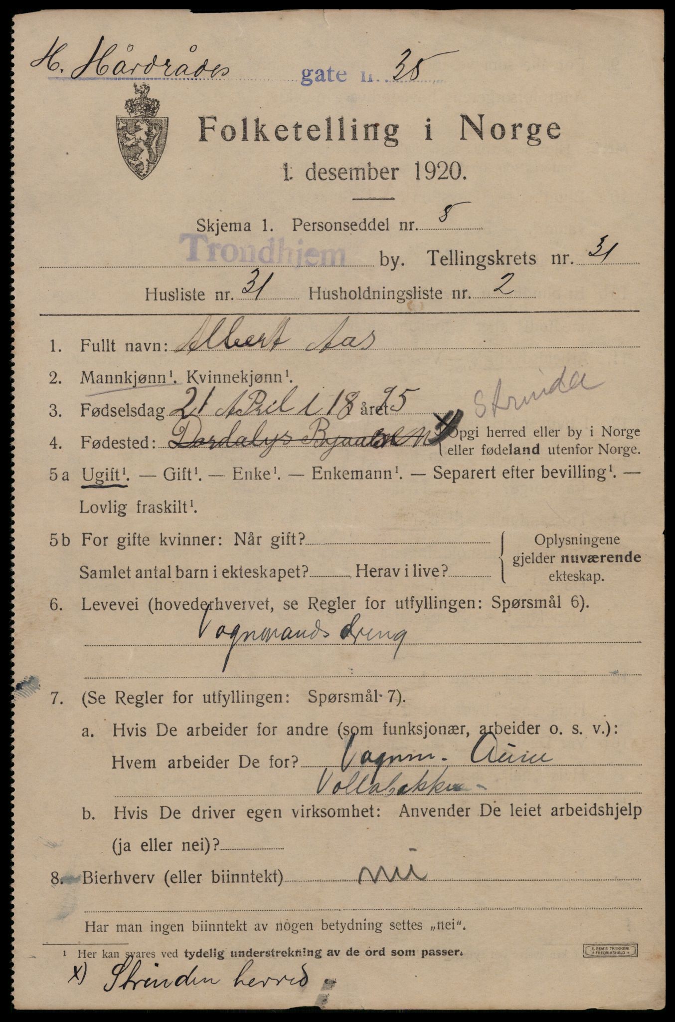 SAT, 1920 census for Trondheim, 1920, p. 77196