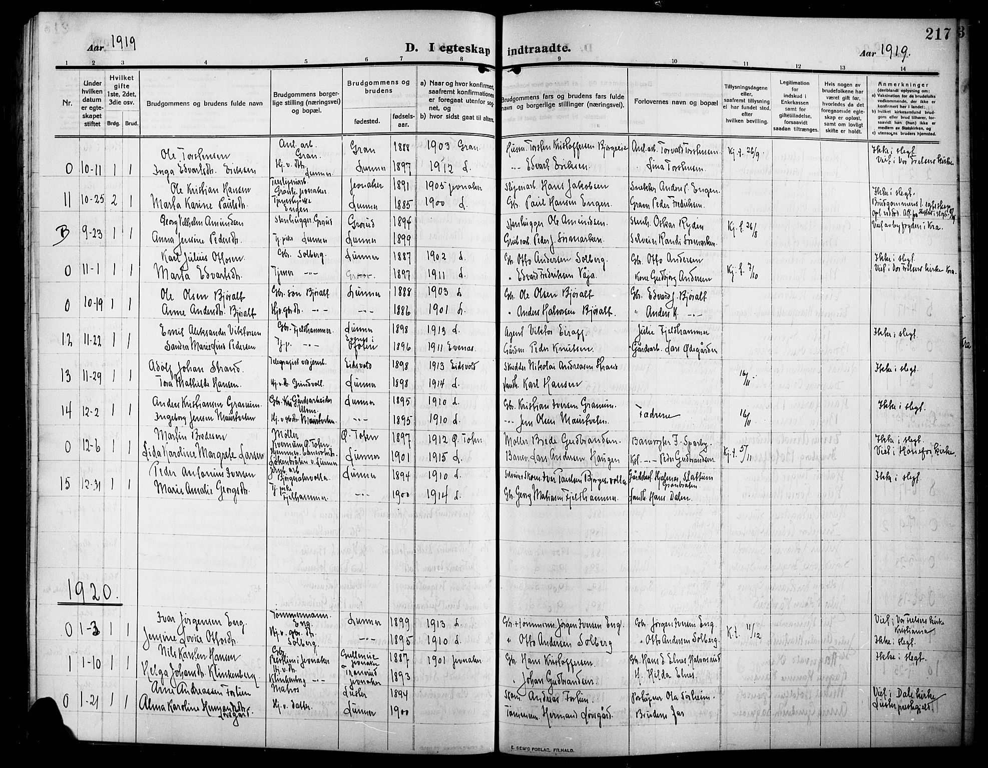 Lunner prestekontor, SAH/PREST-118/H/Ha/Hab/L0001: Parish register (copy) no. 1, 1909-1922, p. 217