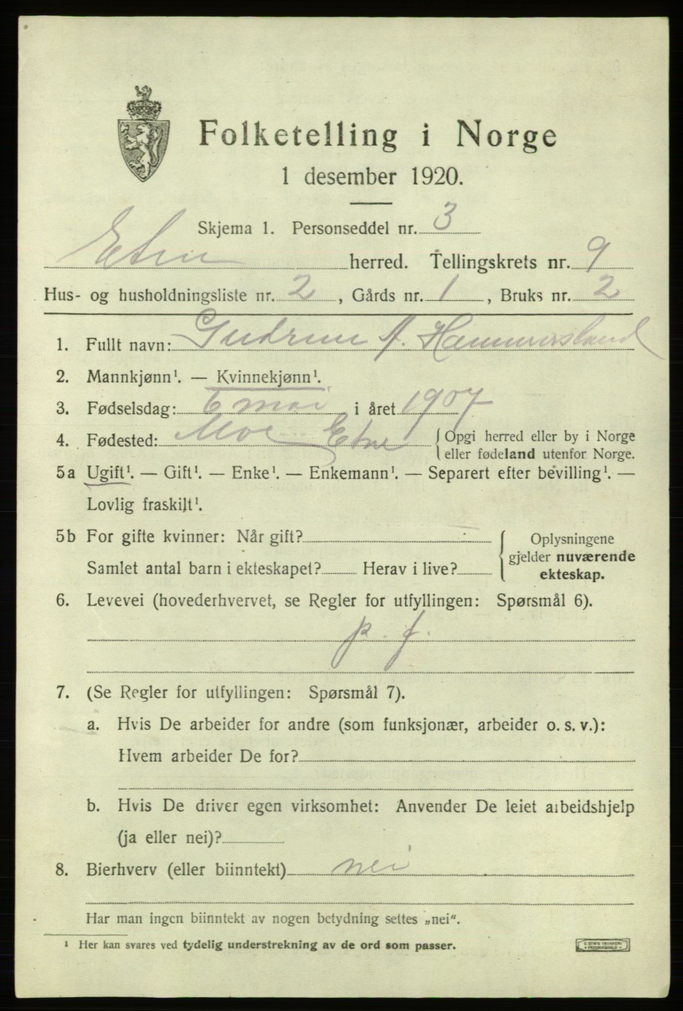 SAB, 1920 census for Etne, 1920, p. 3935