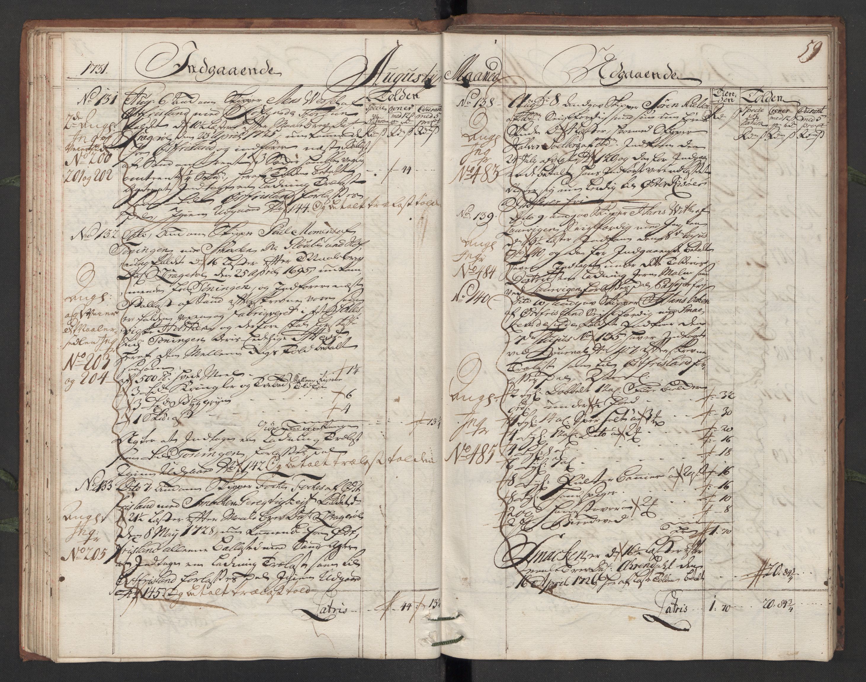 Generaltollkammeret, tollregnskaper, AV/RA-EA-5490/R13/L0006/0001: Tollregnskaper Kragerø / Hovedtollbok, 1731, p. 58b-59a