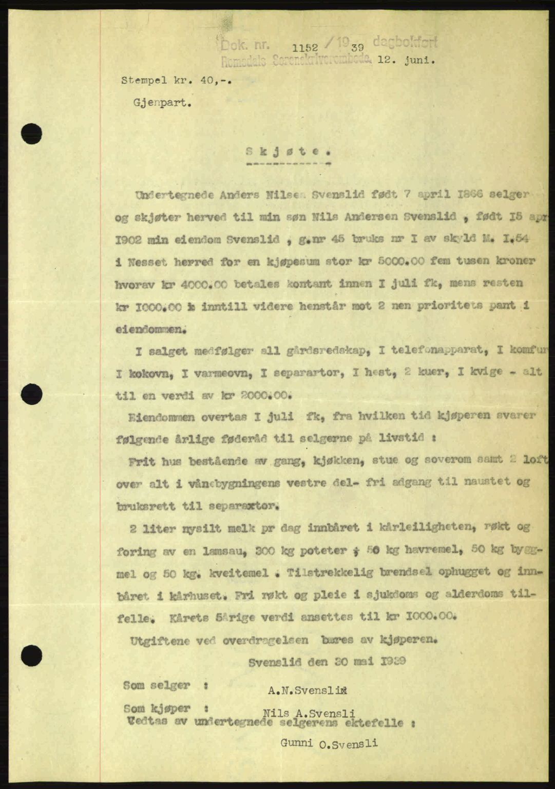 Romsdal sorenskriveri, AV/SAT-A-4149/1/2/2C: Mortgage book no. A7, 1939-1939, Diary no: : 1152/1939