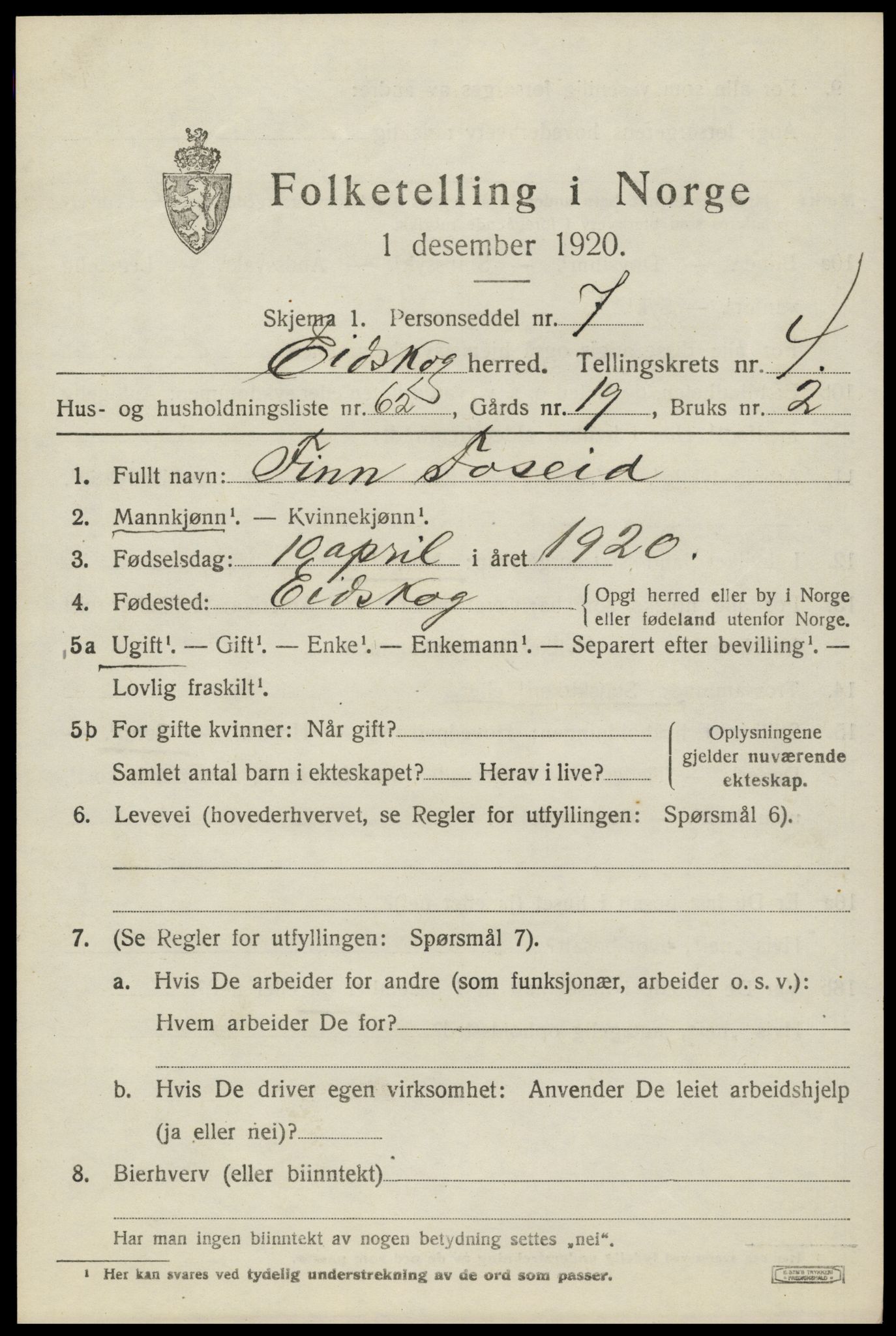 SAH, 1920 census for Eidskog, 1920, p. 5485