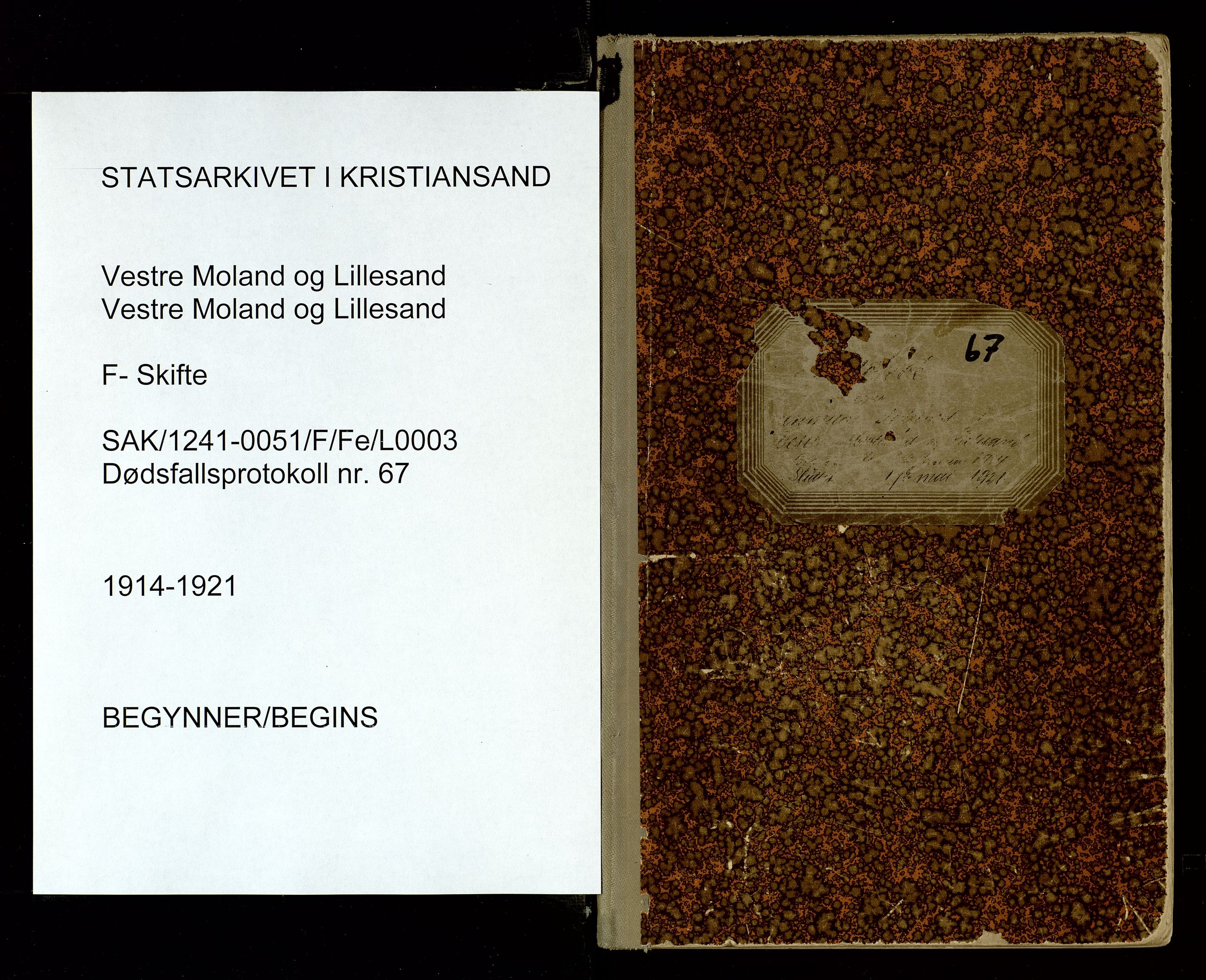 Vestre Moland og Lillesand lensmannskontor, SAK/1241-0051/F/Fe/L0003: Dødsfallsprotokoll nr 67, 1914-1921