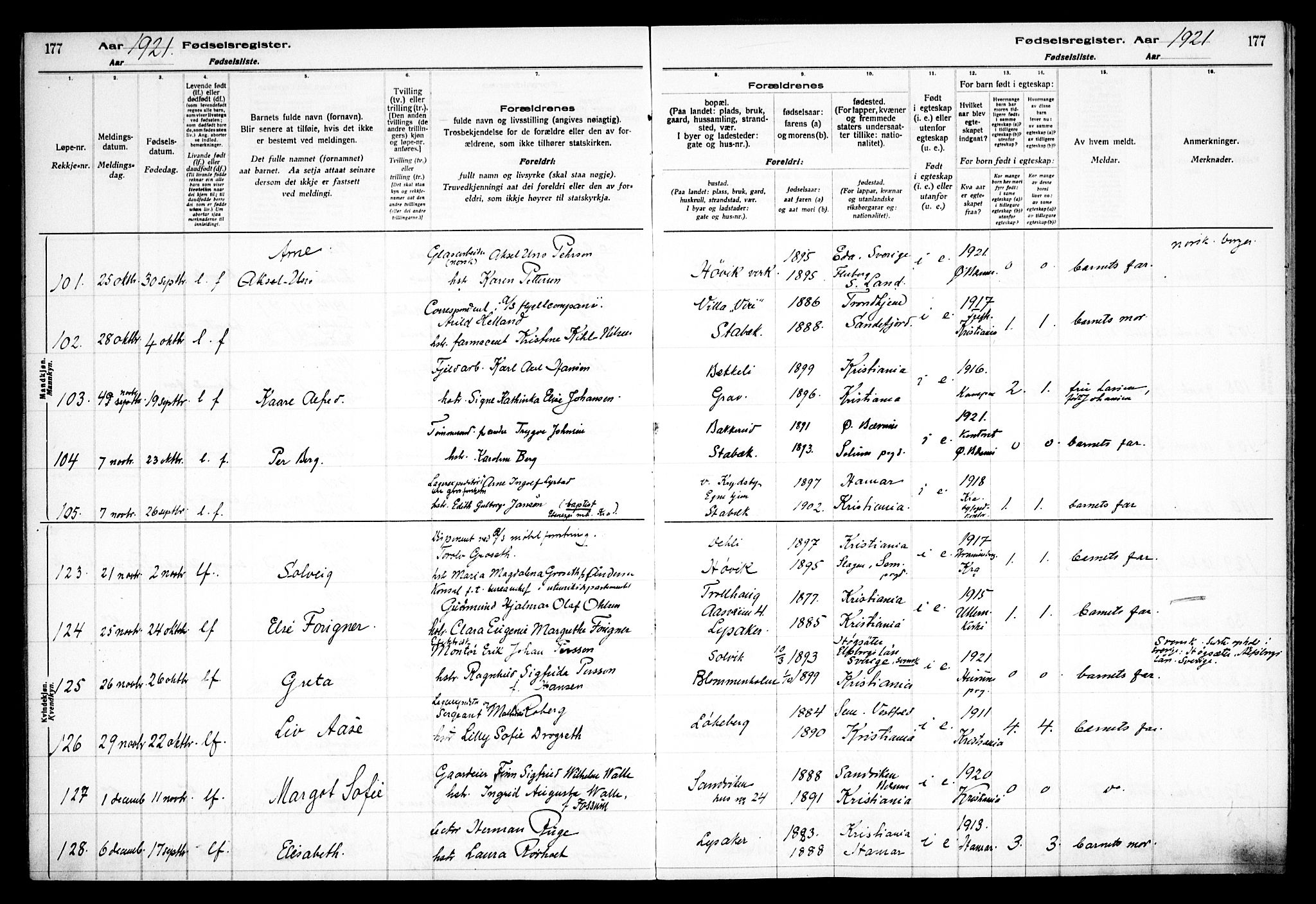 Østre Bærum prestekontor Kirkebøker, AV/SAO-A-10887/J/Ja/L0001: Birth register no. 1, 1916-1922, p. 177