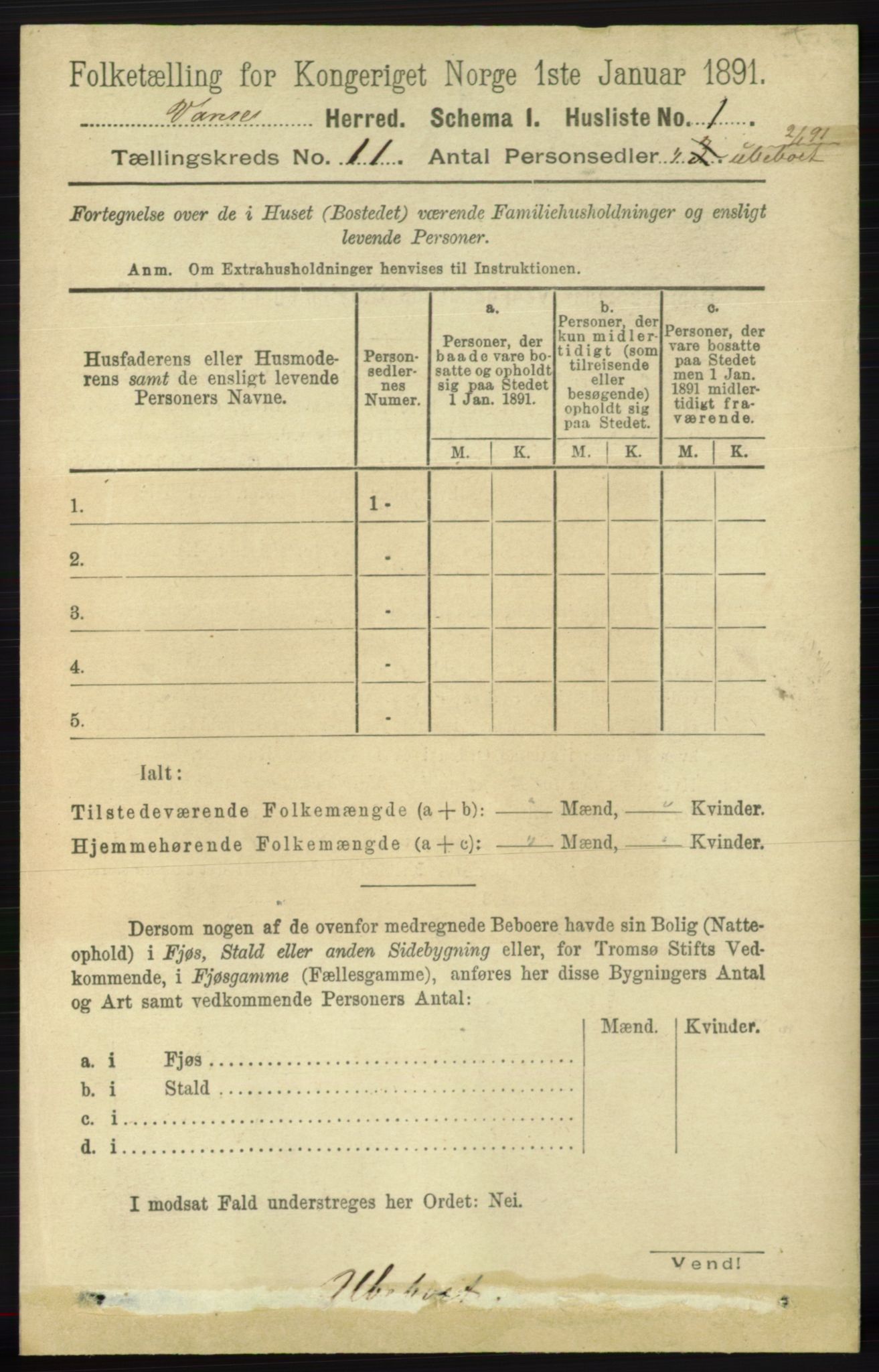 RA, 1891 census for 1041 Vanse, 1891, p. 6079