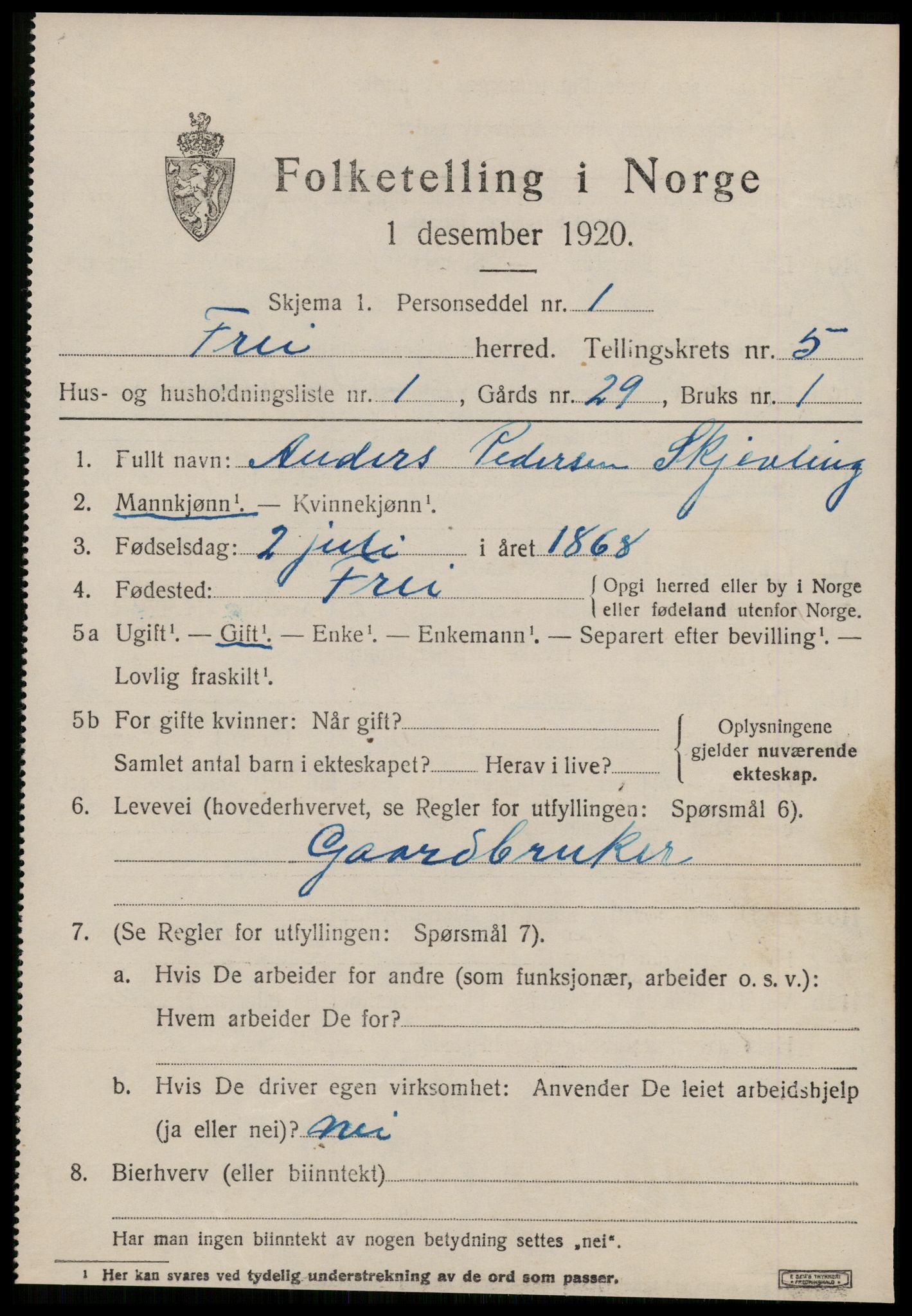 SAT, 1920 census for Frei, 1920, p. 2537