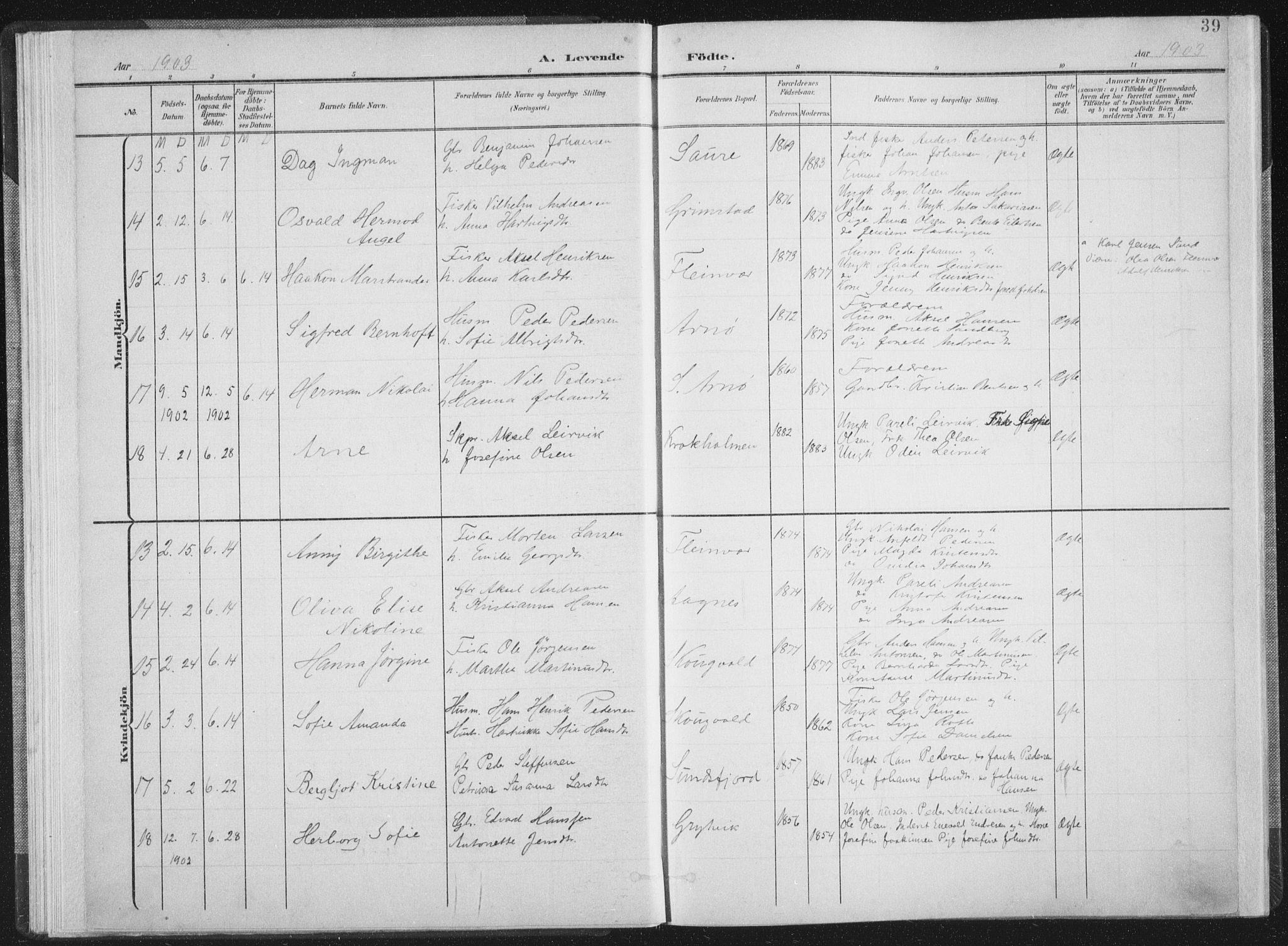 Ministerialprotokoller, klokkerbøker og fødselsregistre - Nordland, AV/SAT-A-1459/805/L0102: Parish register (official) no. 805A08I, 1900-1909, p. 39