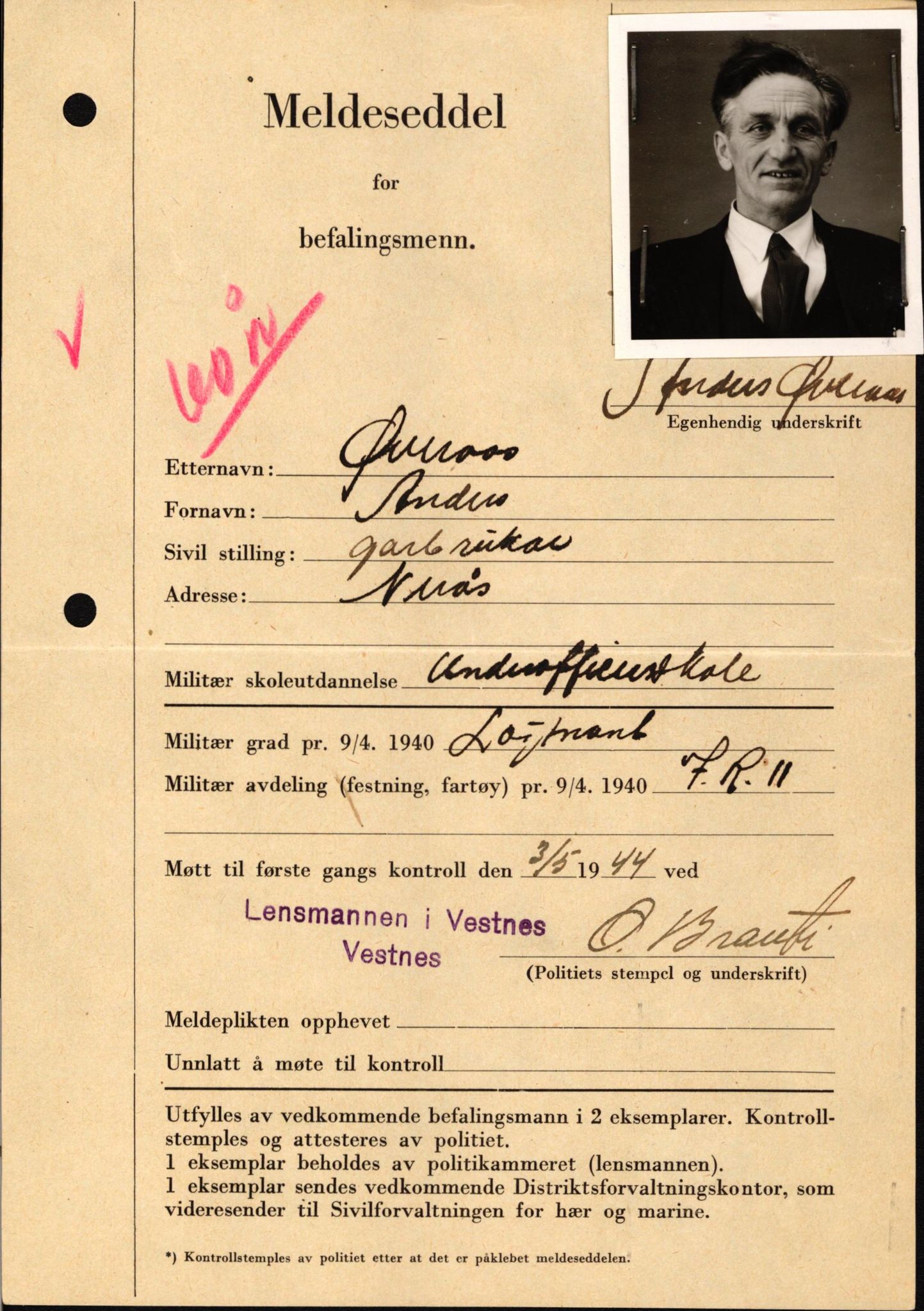 Forsvaret, Forsvarets krigshistoriske avdeling, AV/RA-RAFA-2017/Y/Yf/L0209: II-C-11-2121  -  Okkupasjonstiden.  Meldesedler for befal med foto og oppl. om militær grad 9. apr. 1940., 1944-1945, p. 1340