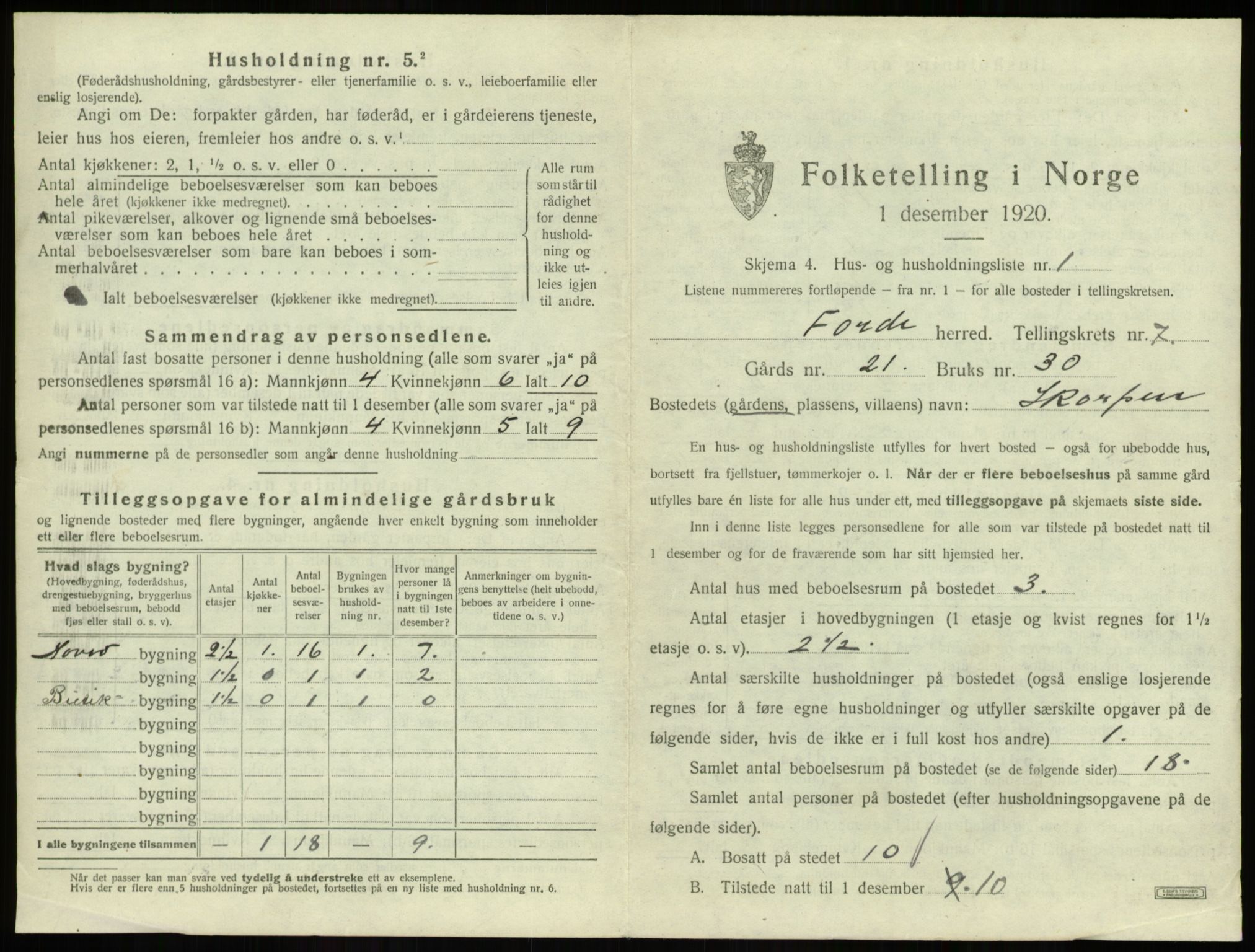 SAB, 1920 census for Førde, 1920, p. 294