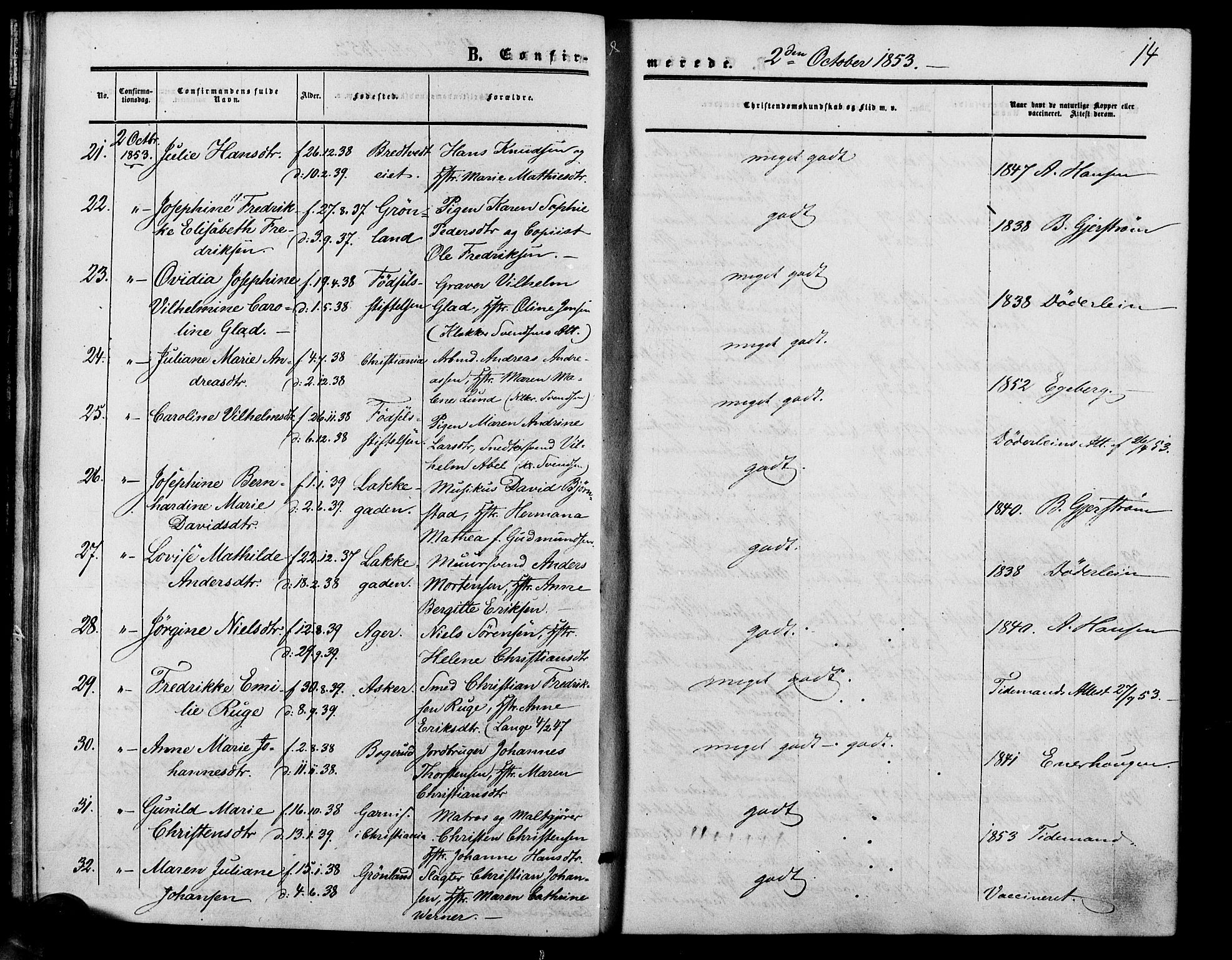 Vestre Aker prestekontor Kirkebøker, AV/SAO-A-10025/F/Fa/L0001: Parish register (official) no. 1, 1853-1858, p. 14