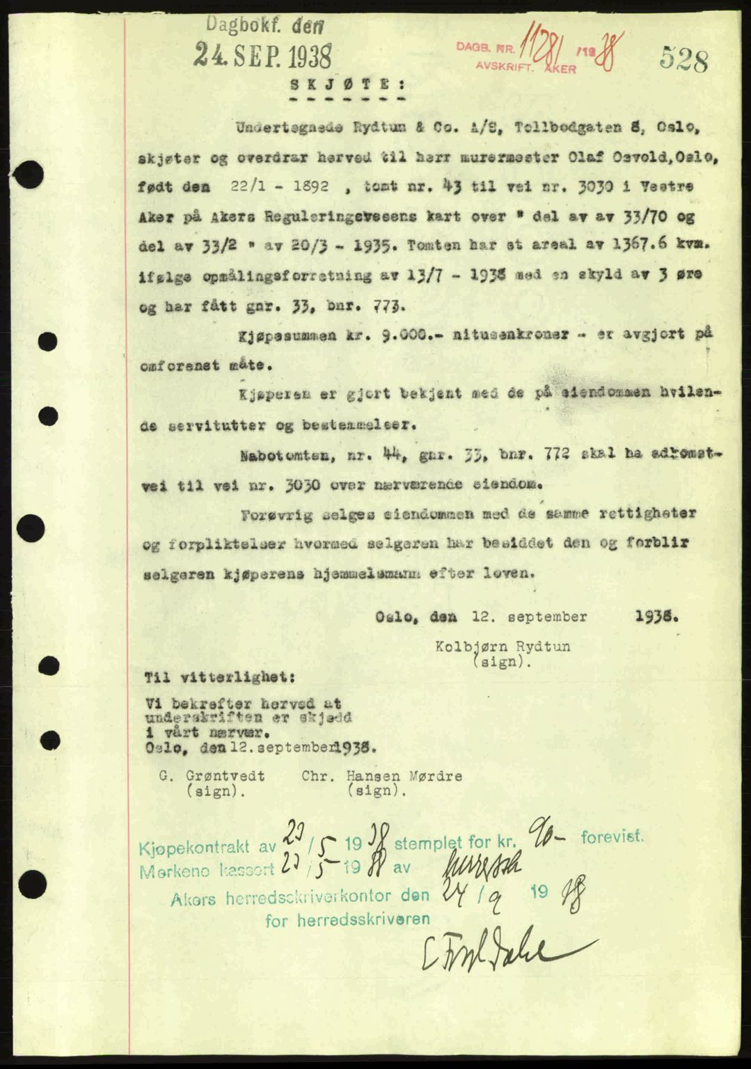 Aker herredsskriveri, SAO/A-10896/G/Gb/Gba/Gbab/L0025: Mortgage book no. A154-155, 1938-1938, Diary no: : 11281/1938