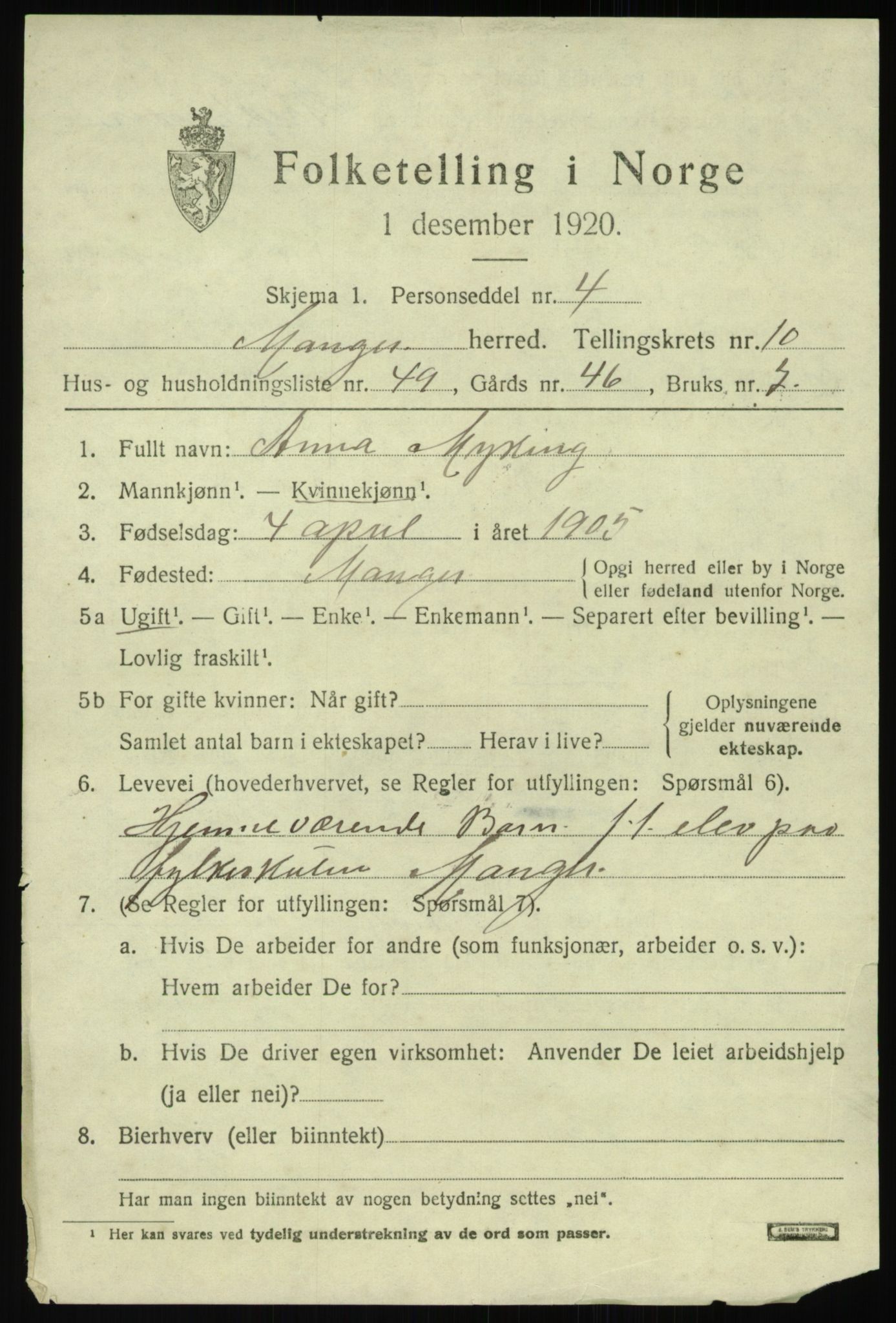 SAB, 1920 census for Manger, 1920, p. 6678