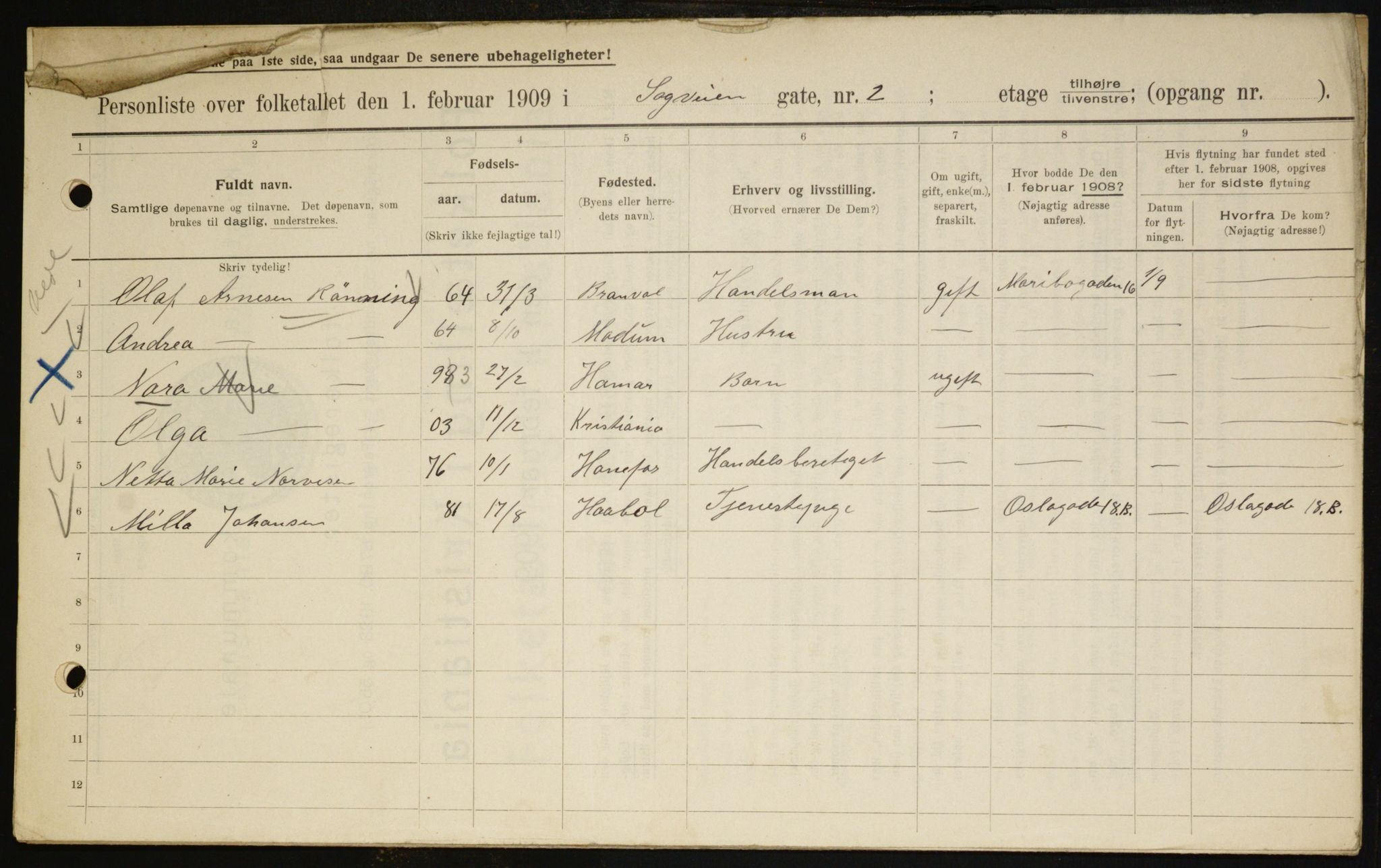 OBA, Municipal Census 1909 for Kristiania, 1909, p. 78574