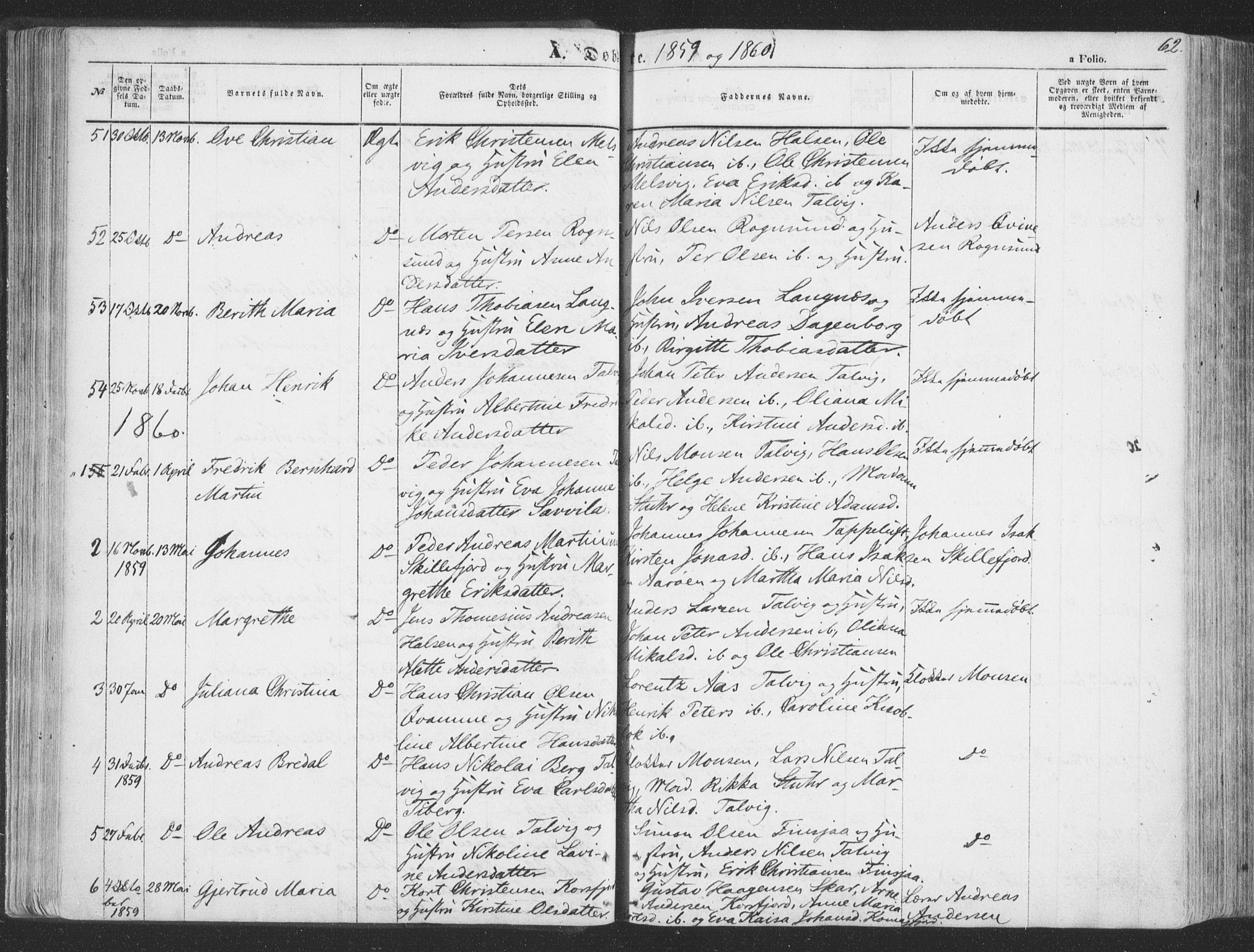Talvik sokneprestkontor, AV/SATØ-S-1337/H/Ha/L0010kirke: Parish register (official) no. 10, 1852-1864, p. 62