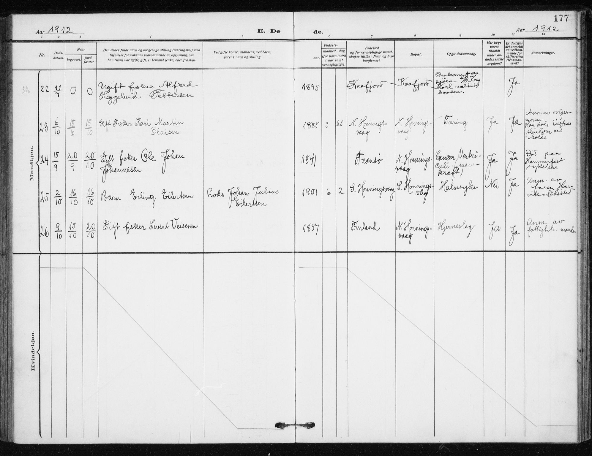 Kjelvik/Nordkapp sokneprestkontor, AV/SATØ-S-1350/H/Ha/L0001kirke: Parish register (official) no. 1, 1911-1919, p. 177