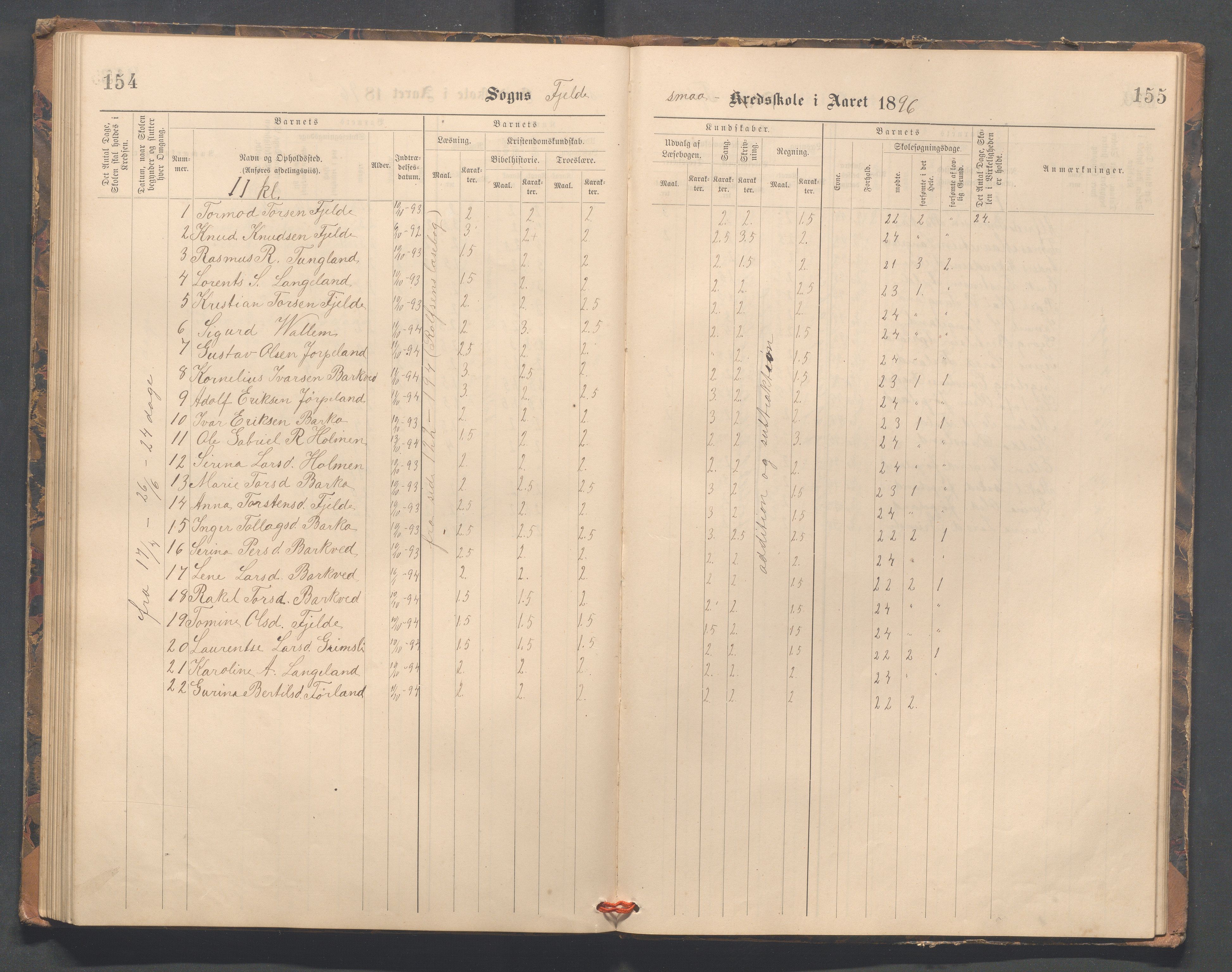 Strand kommune - Fiskå skole, IKAR/A-155/H/L0002: Skoleprotokoll for Fiskå, Heien, Jøssang, Sørbygda og Fjelde krets, 1888-1900, p. 154-155